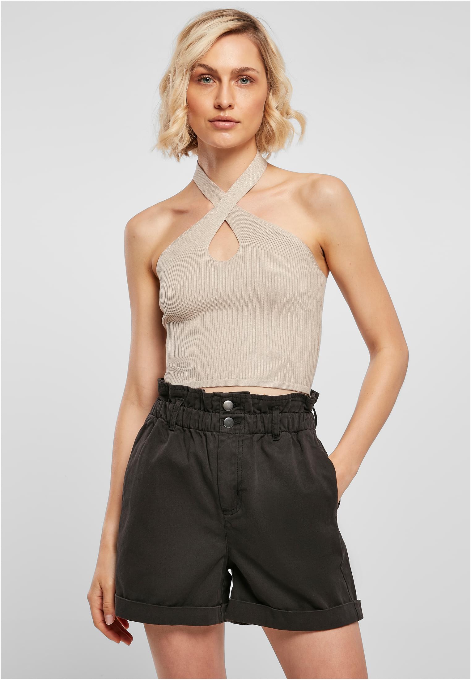 Ladies Rib Knit Crossed Neckholder Top | lighttaupe