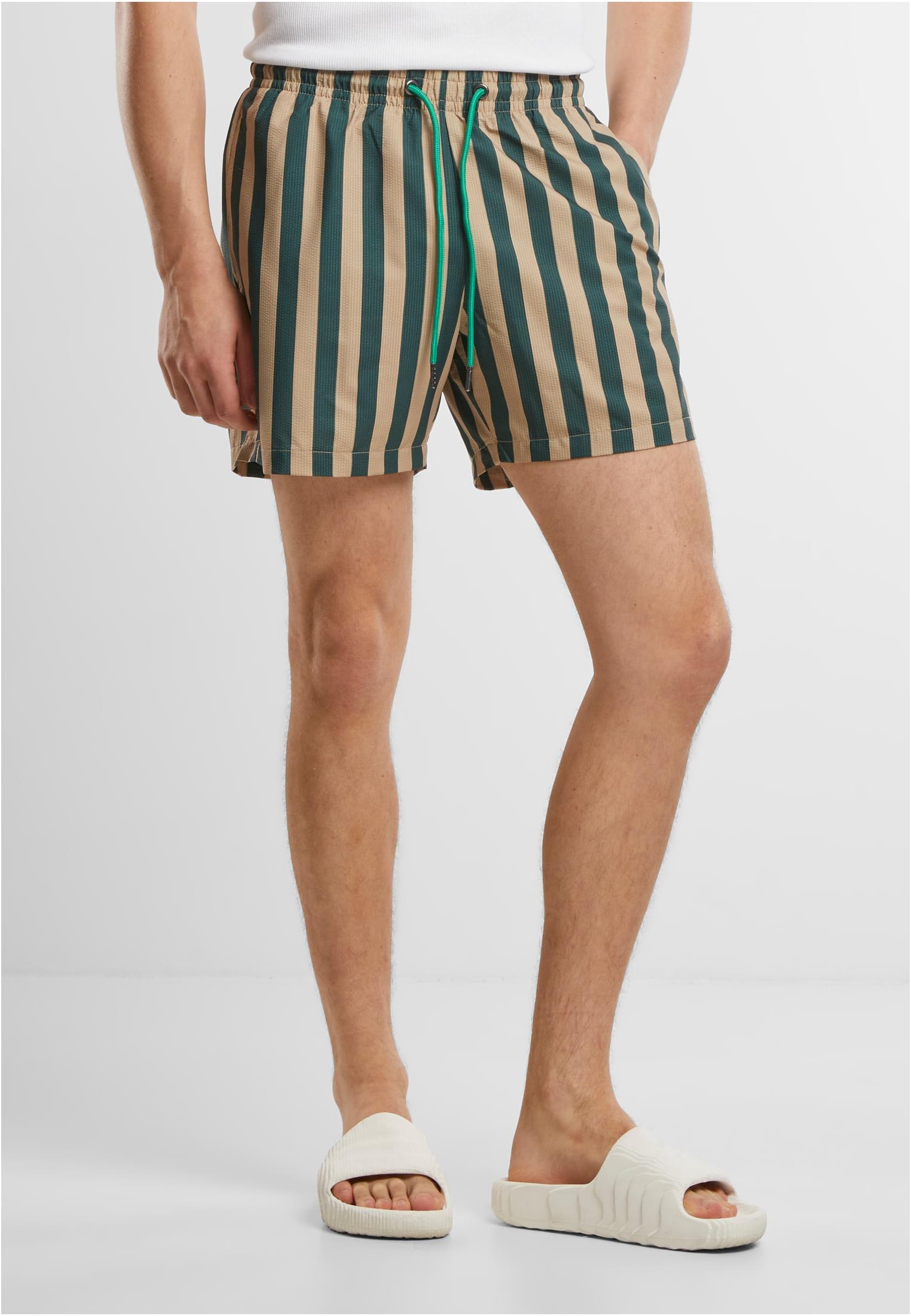 Striped Seersucker Swim Shorts | bottlegreen/unionbeige