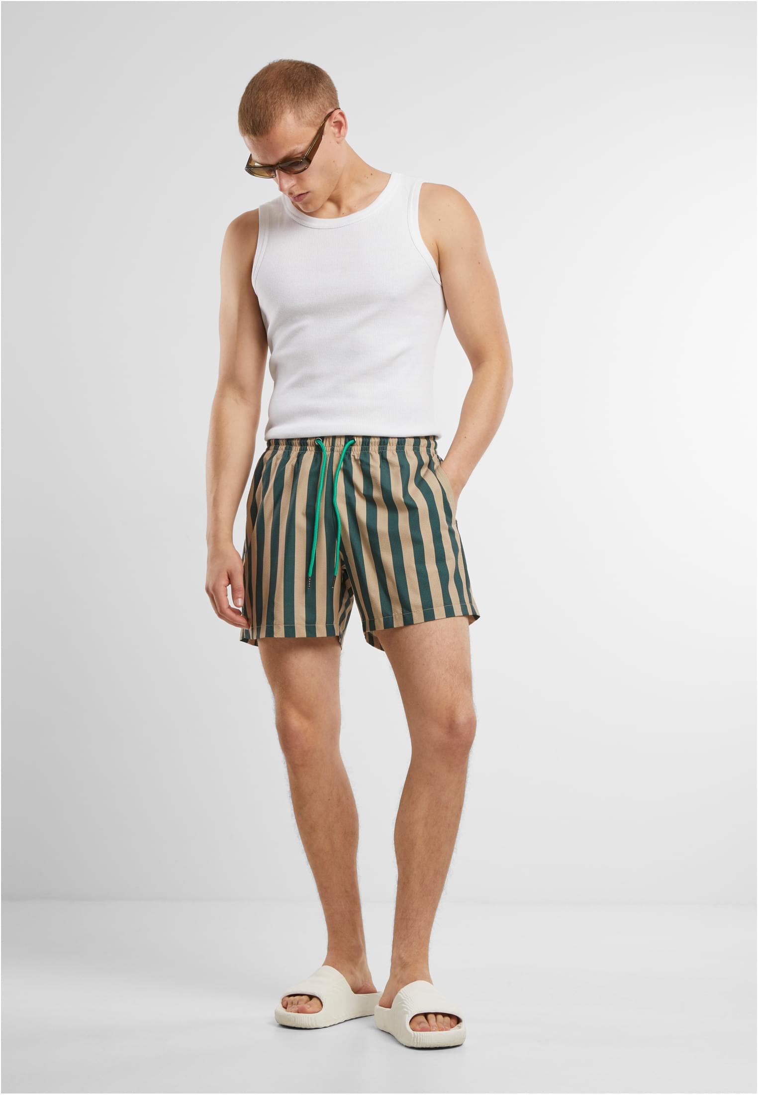 Striped Seersucker Swim Shorts | bottlegreen/unionbeige