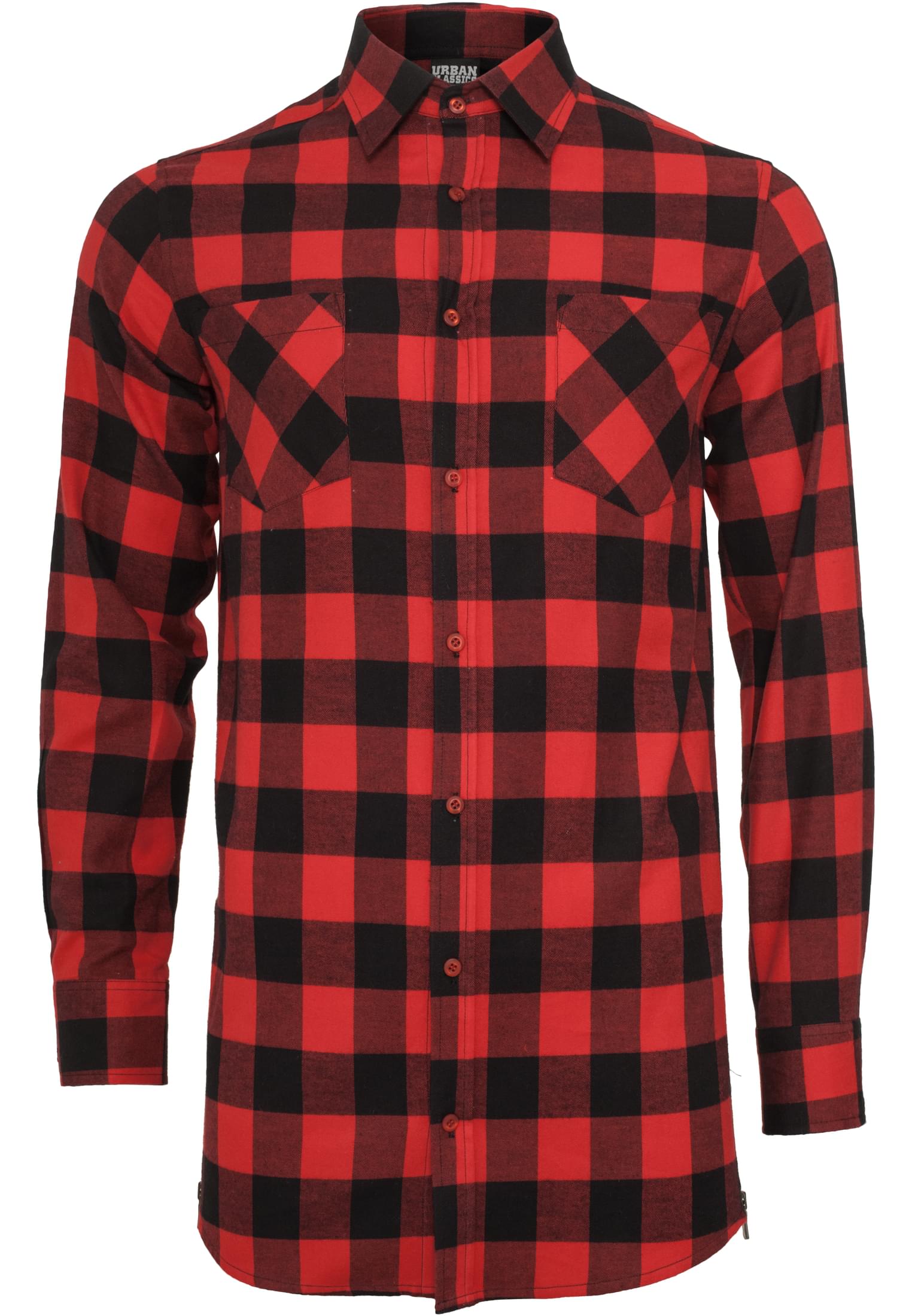 Side-Zip Long Checked Flanell Shirt | blk/red