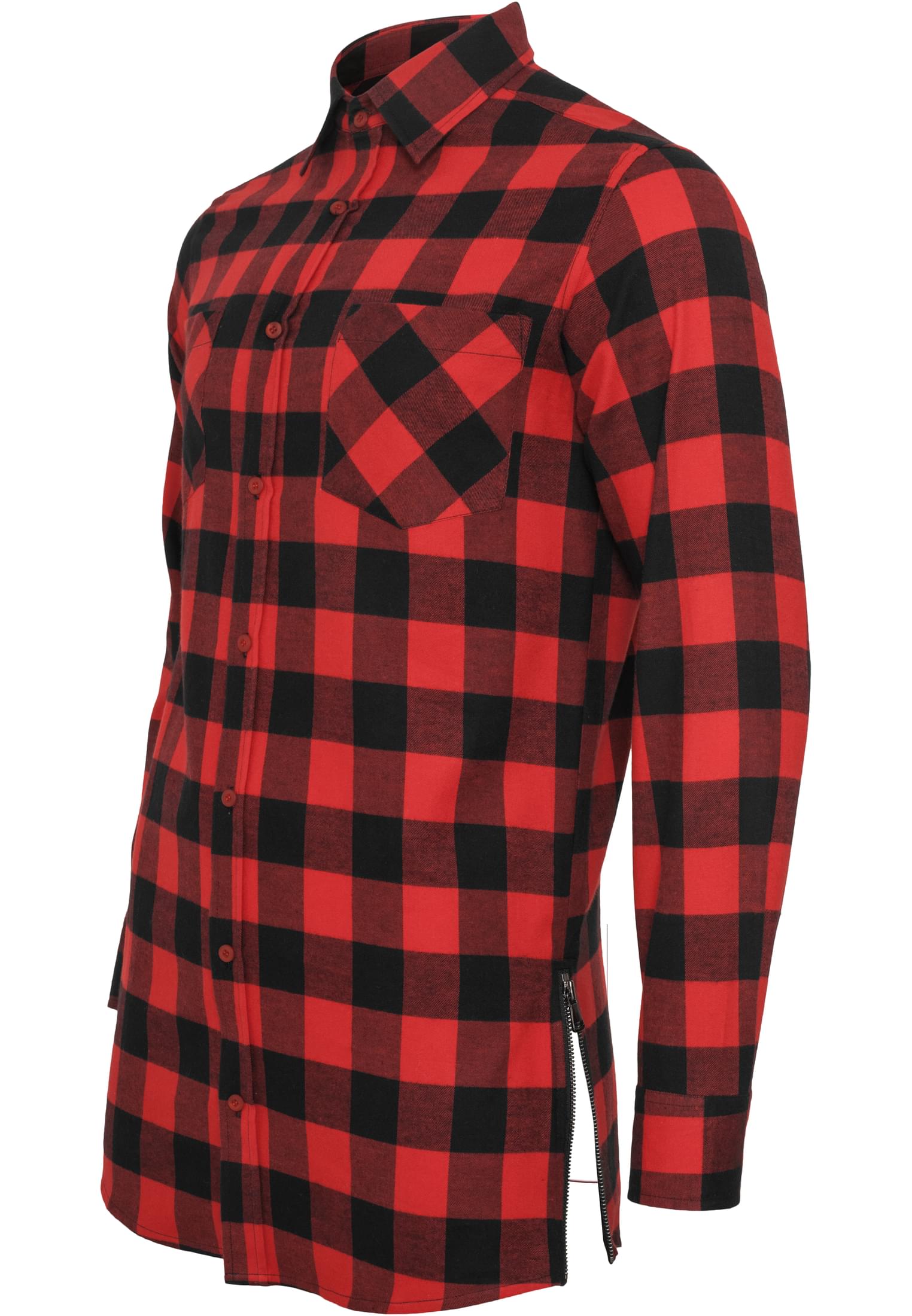 Side-Zip Long Checked Flanell Shirt | blk/red