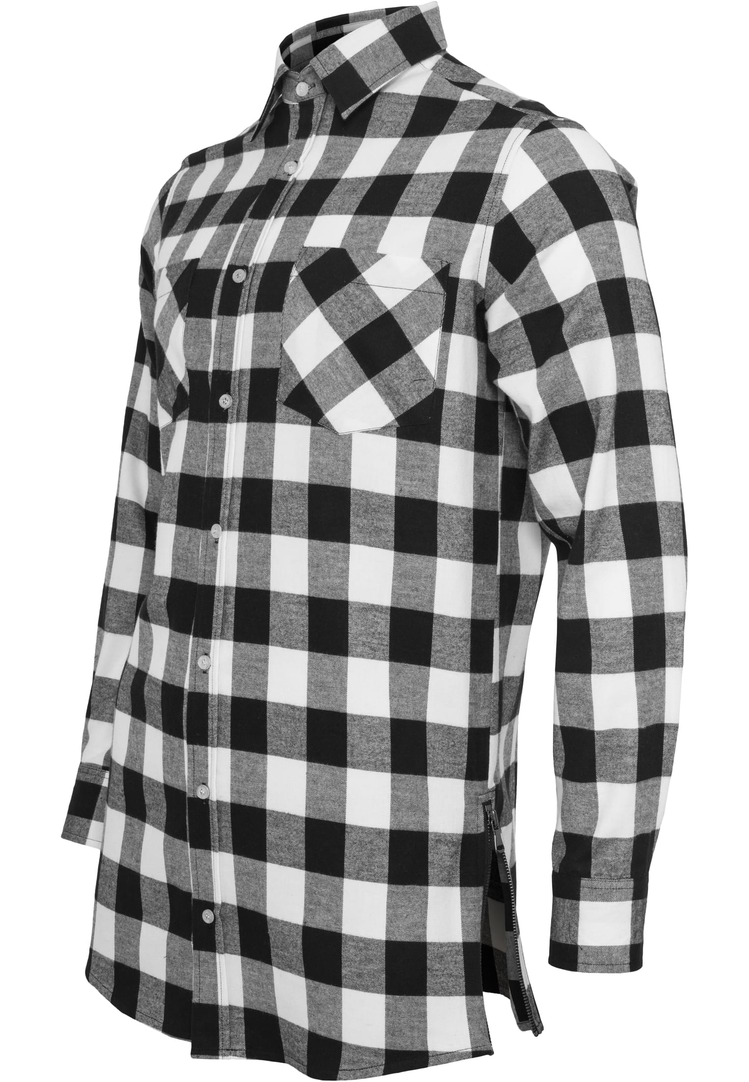 Side-Zip Long Checked Flanell Shirt | blk/wht