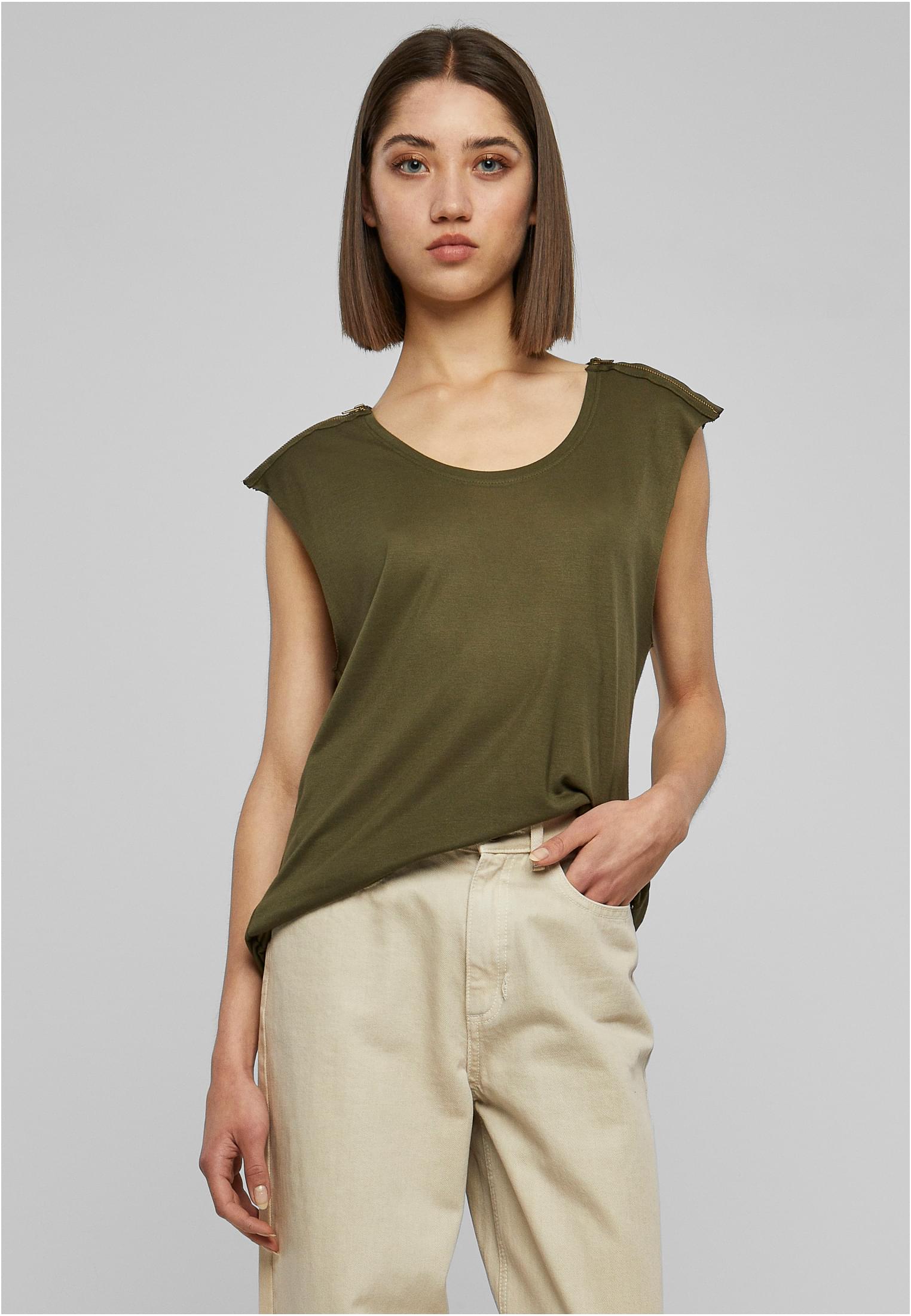 Ladies Shoulder Zip HiLo Tee | olive