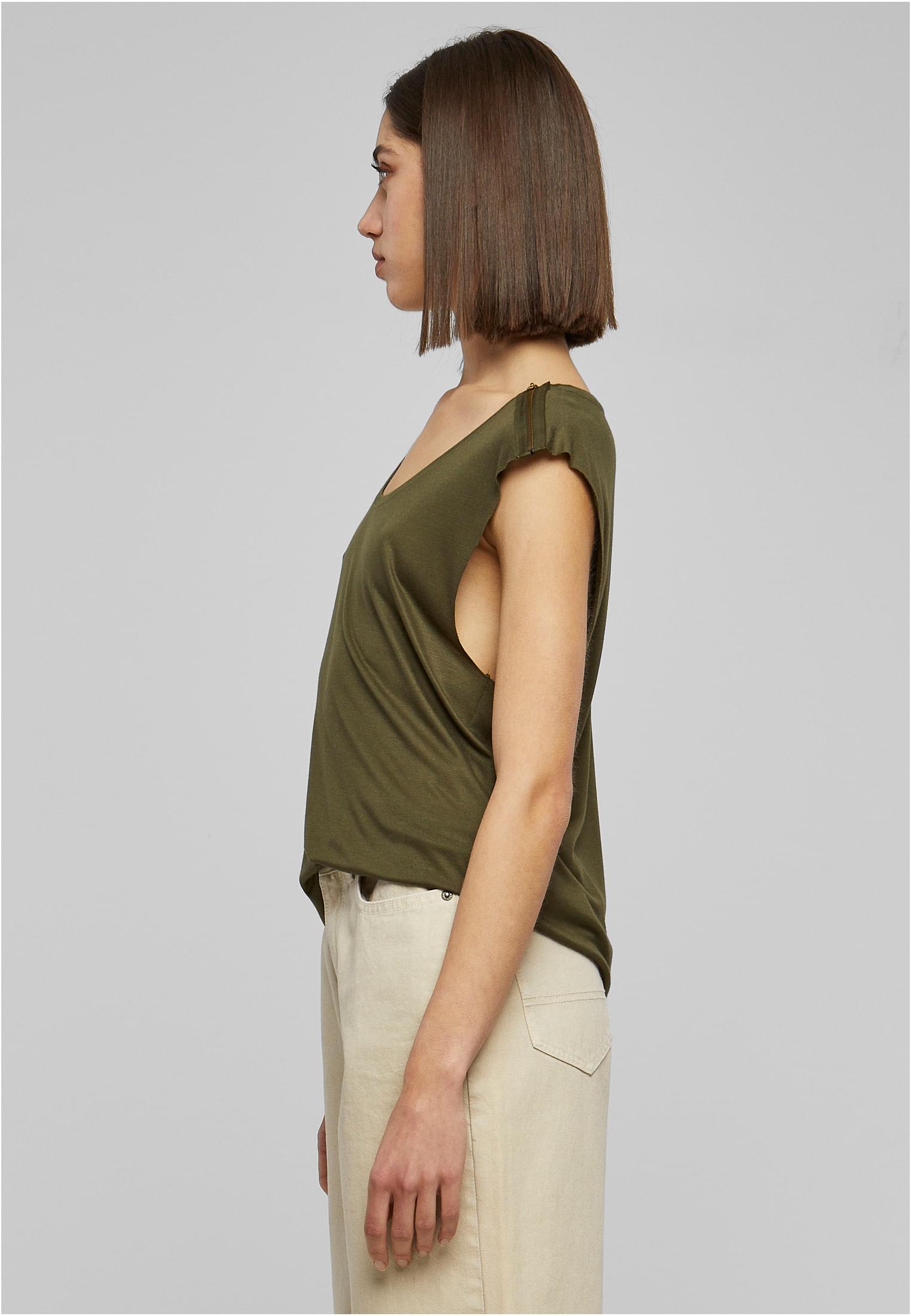 Ladies Shoulder Zip HiLo Tee | olive