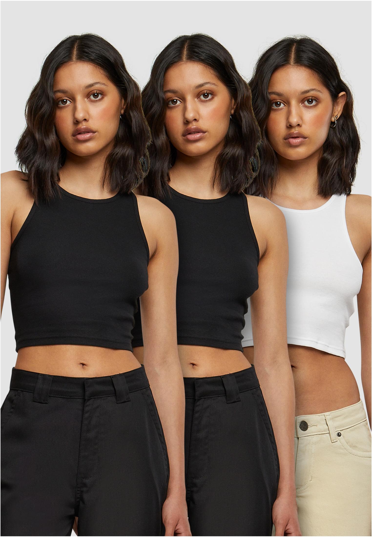 Ladies Cropped Rib Top 3-Pack | black+black+white