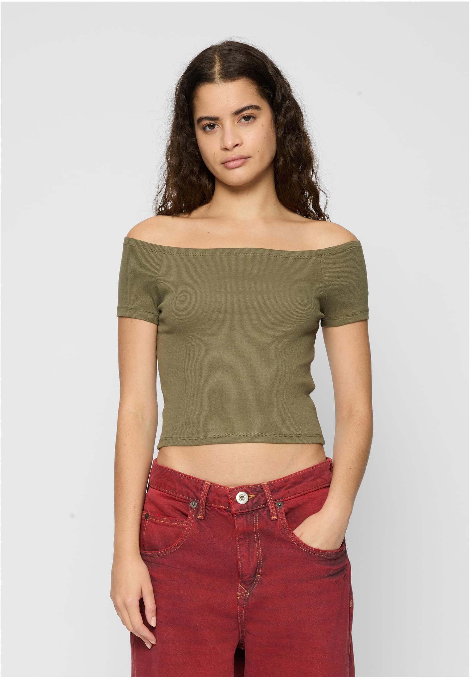 Ladies Off Shoulder Rib Tee 2-Pack | white+olive