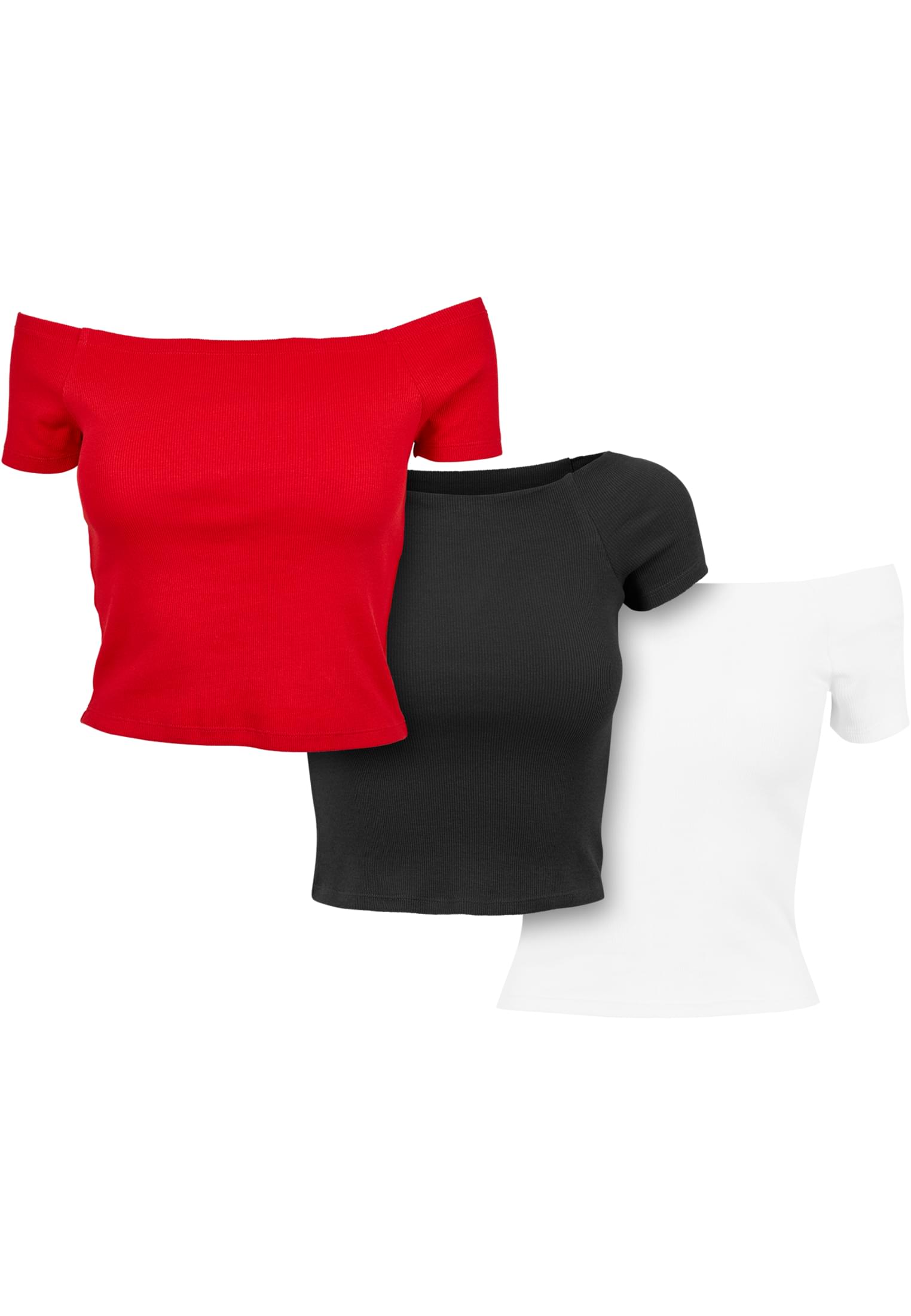 Ladies Off Shoulder Rib Tee 3-Pack | firered+black+white