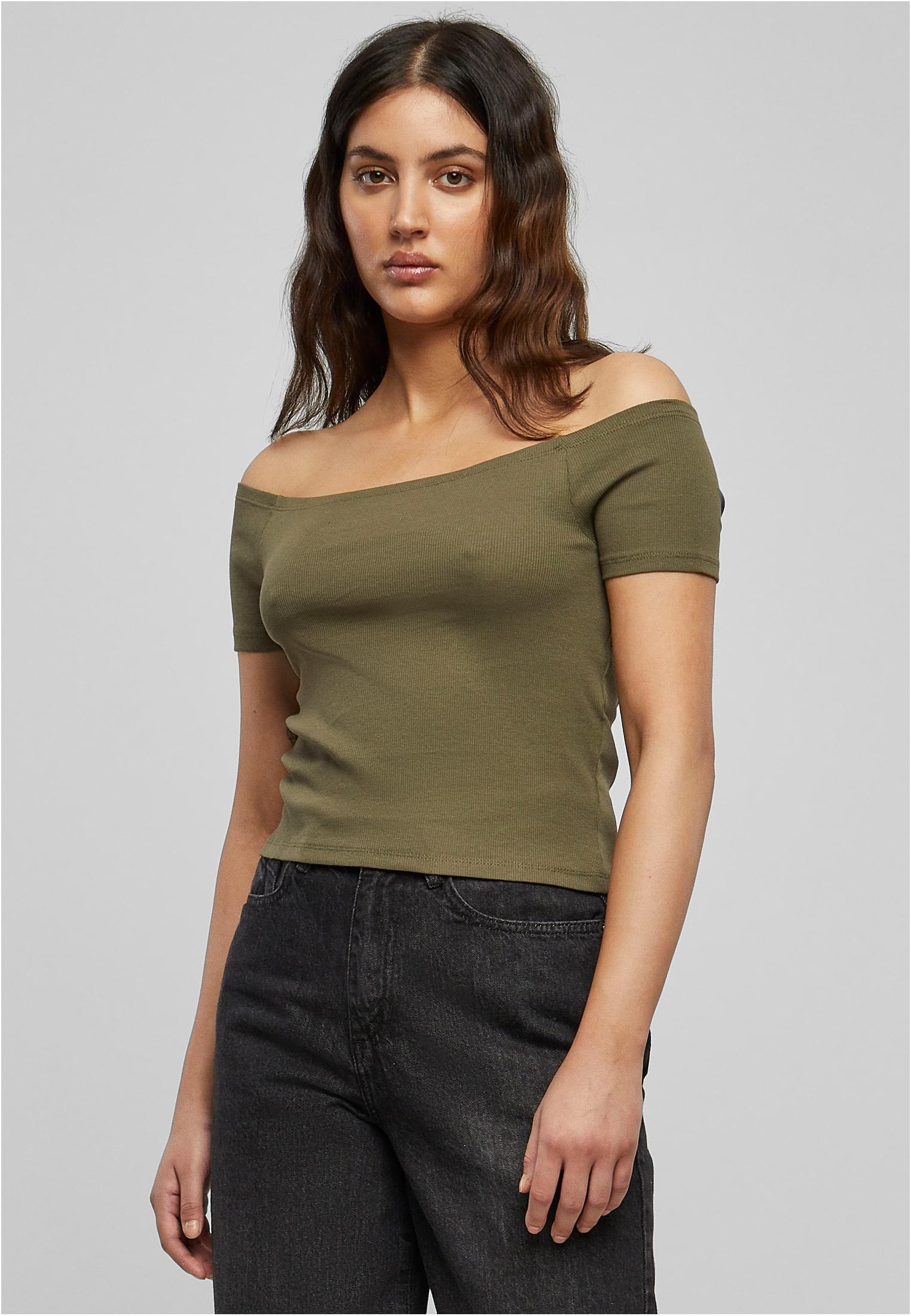 Ladies Off Shoulder Rib Tee | olive