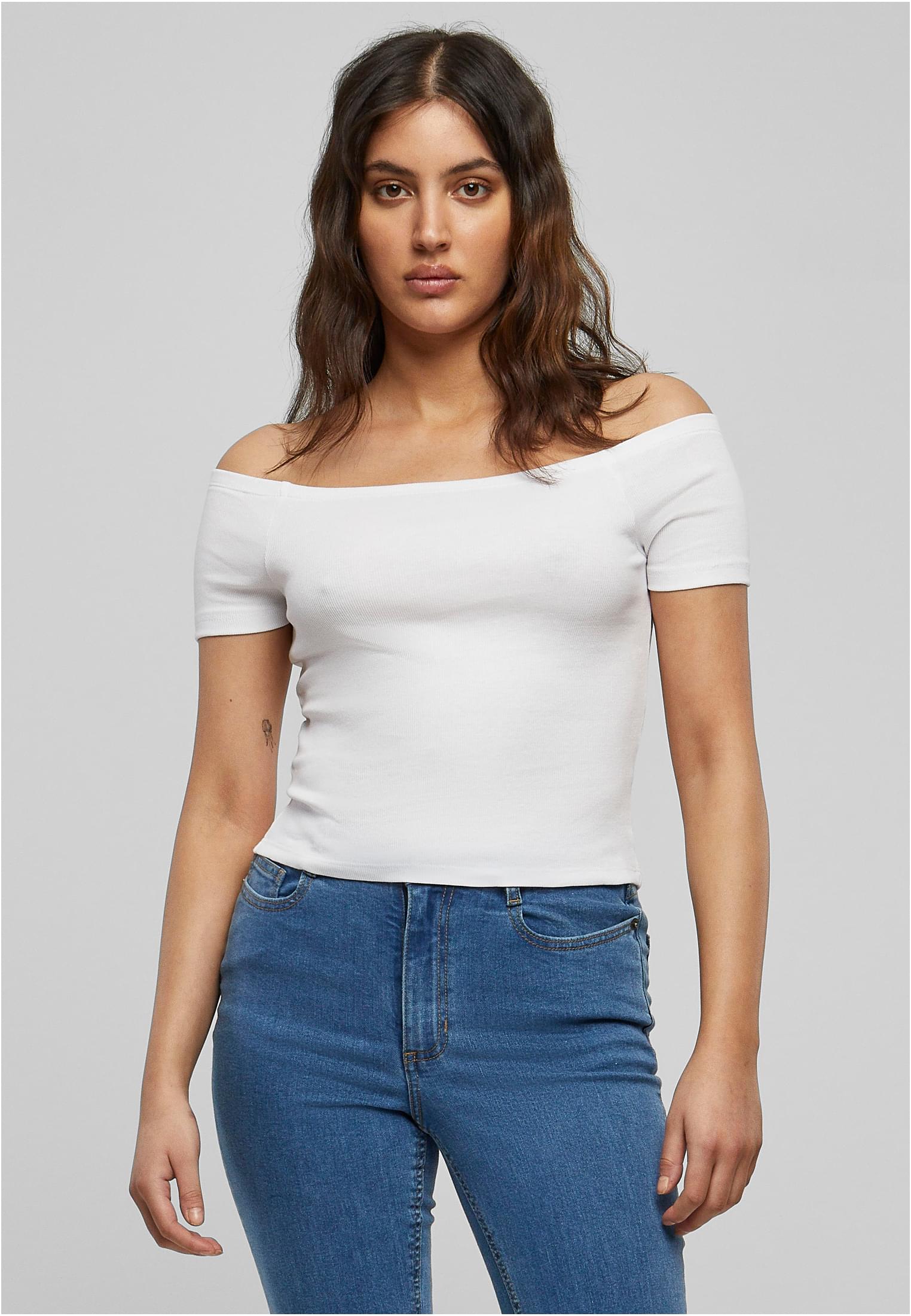 Ladies Off Shoulder Rib Tee | white