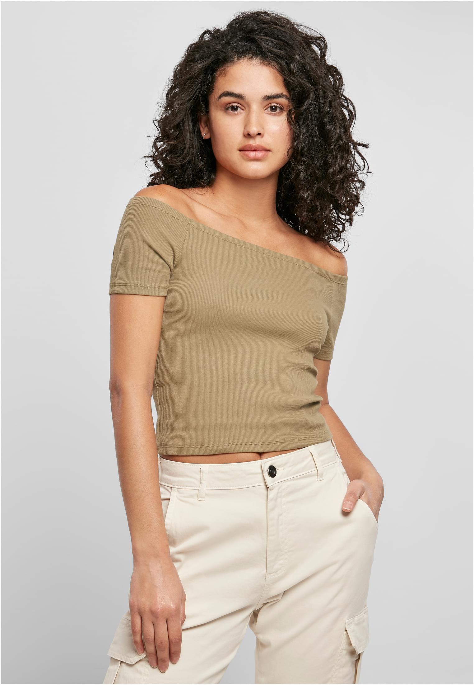 Ladies Off Shoulder Rib Tee | khaki