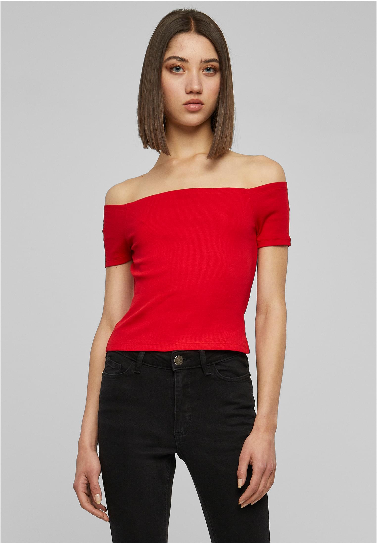 Ladies Off Shoulder Rib Tee | fire red