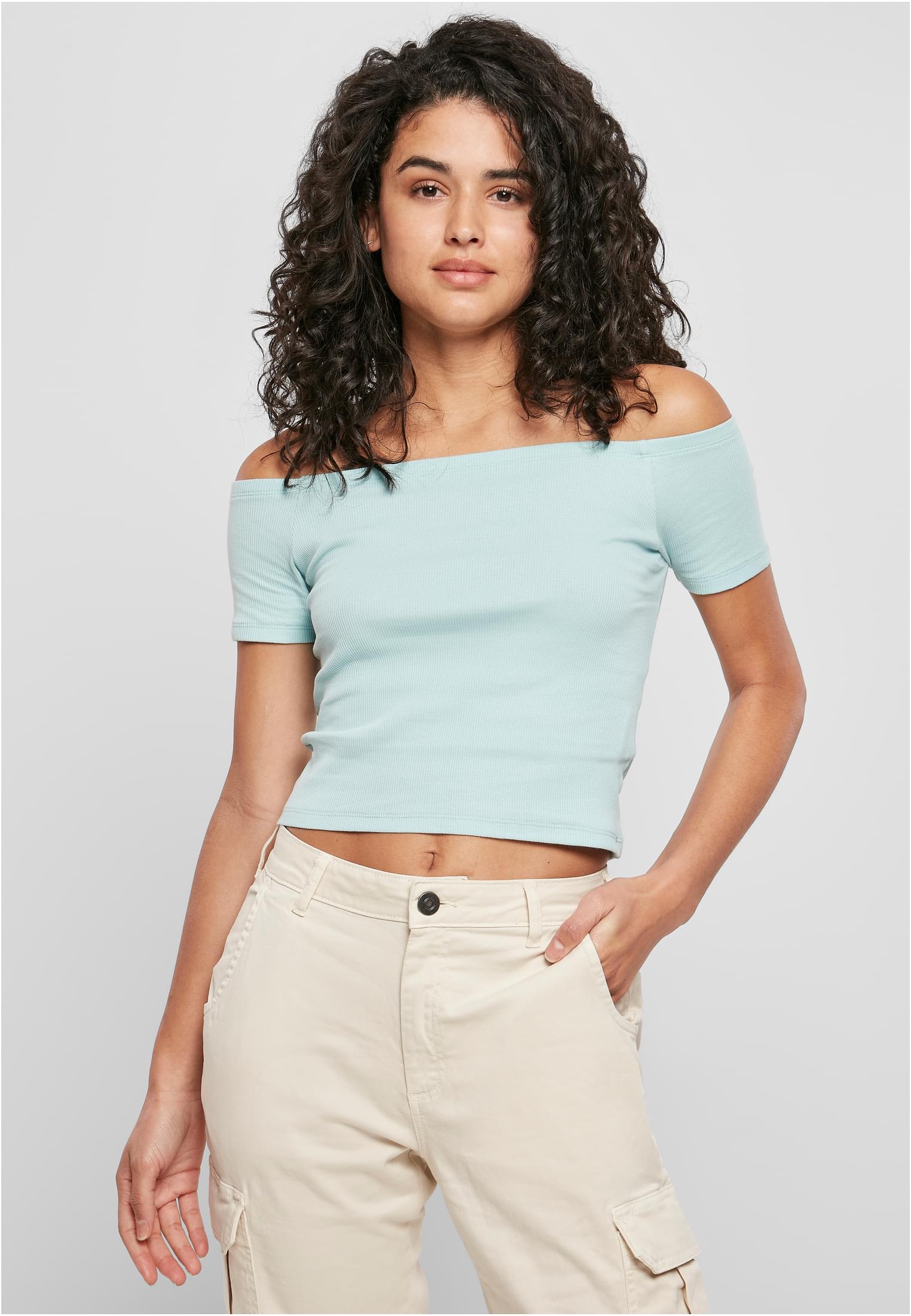 Ladies Off Shoulder Rib Tee | seablue