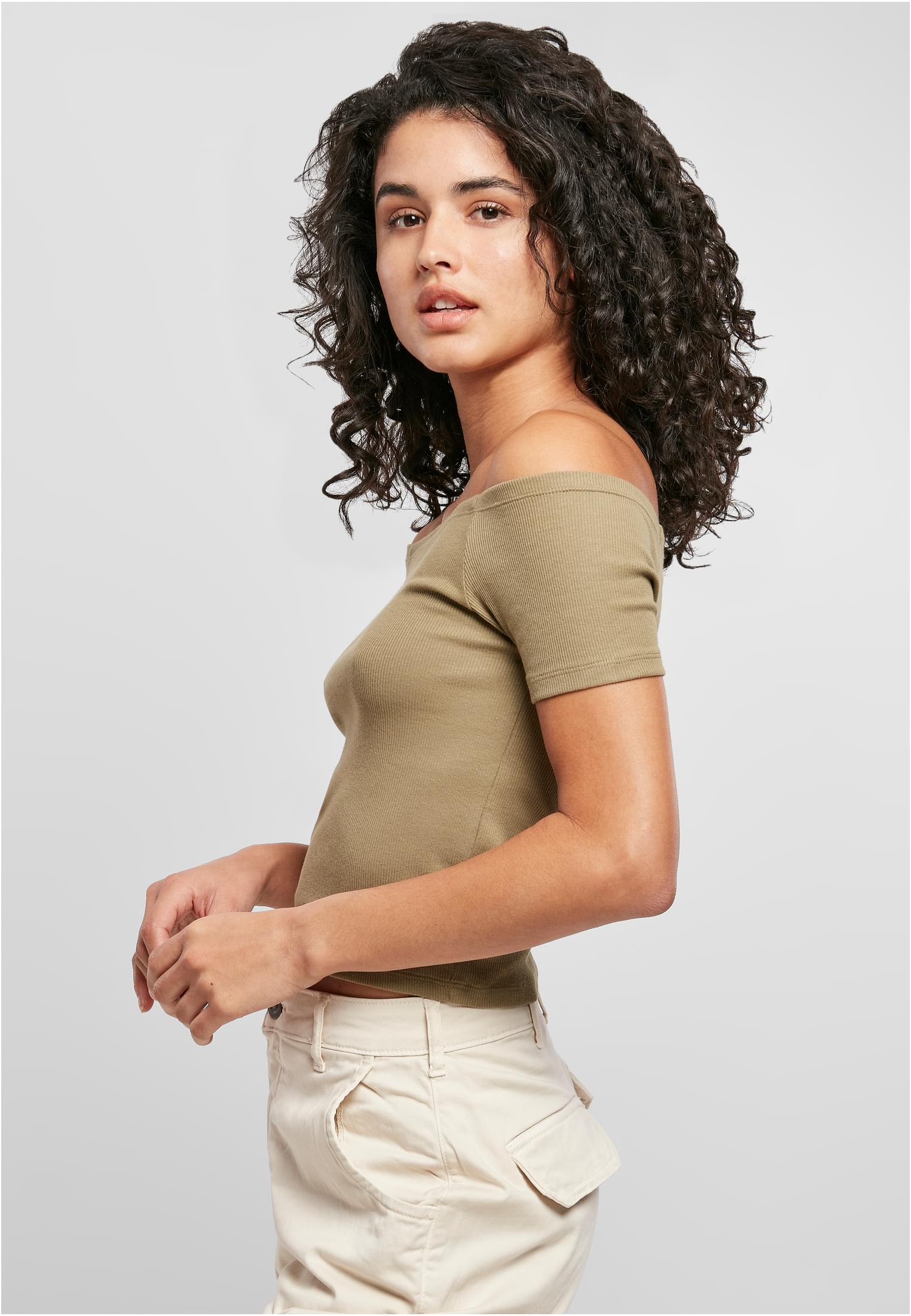 Ladies Off Shoulder Rib Tee | khaki