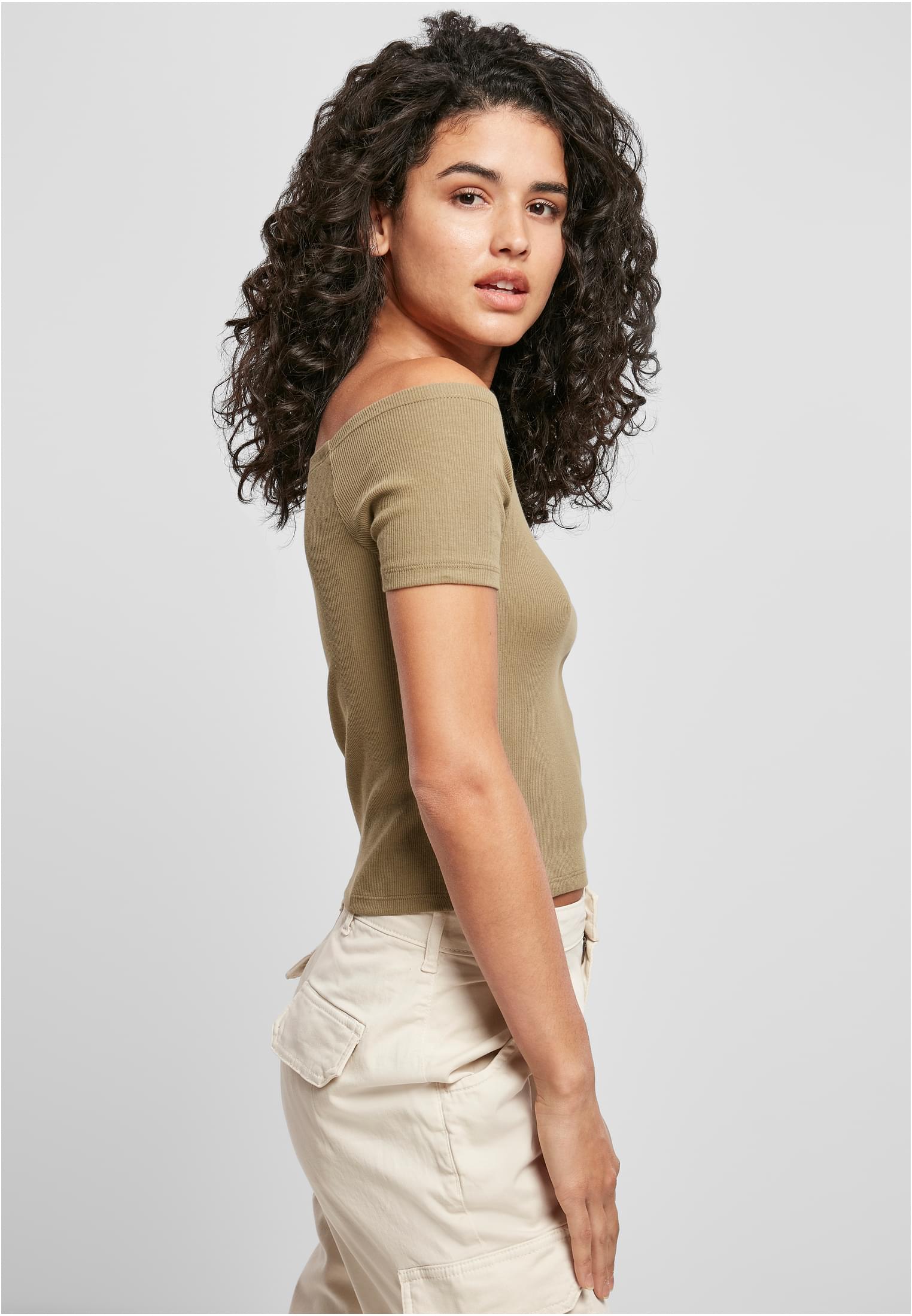 Ladies Off Shoulder Rib Tee | khaki