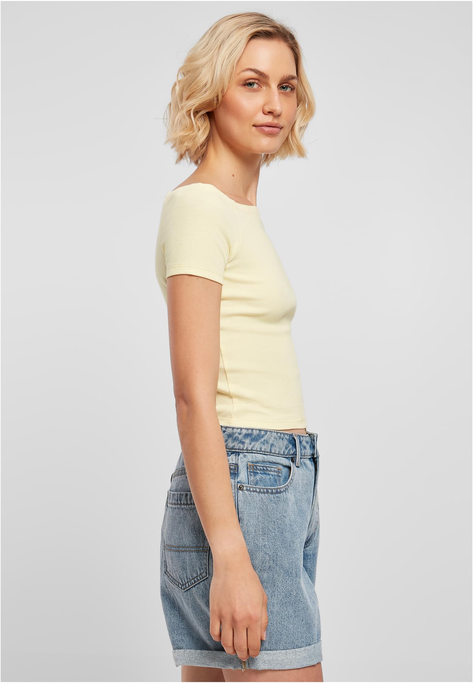 Ladies Off Shoulder Rib Tee | softyellow