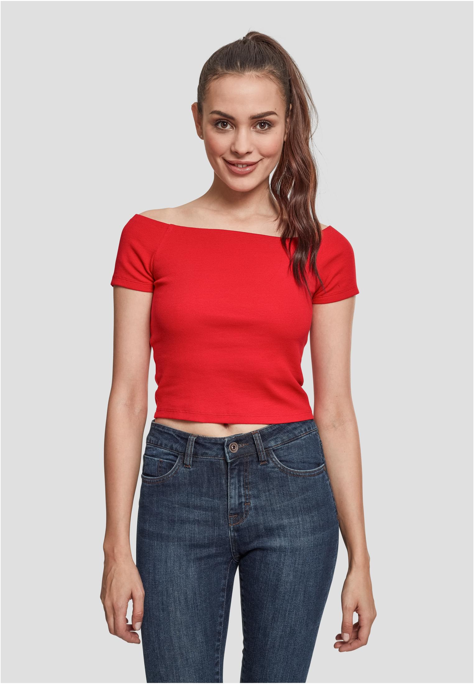 Ladies Off Shoulder Rib Tee | fire red