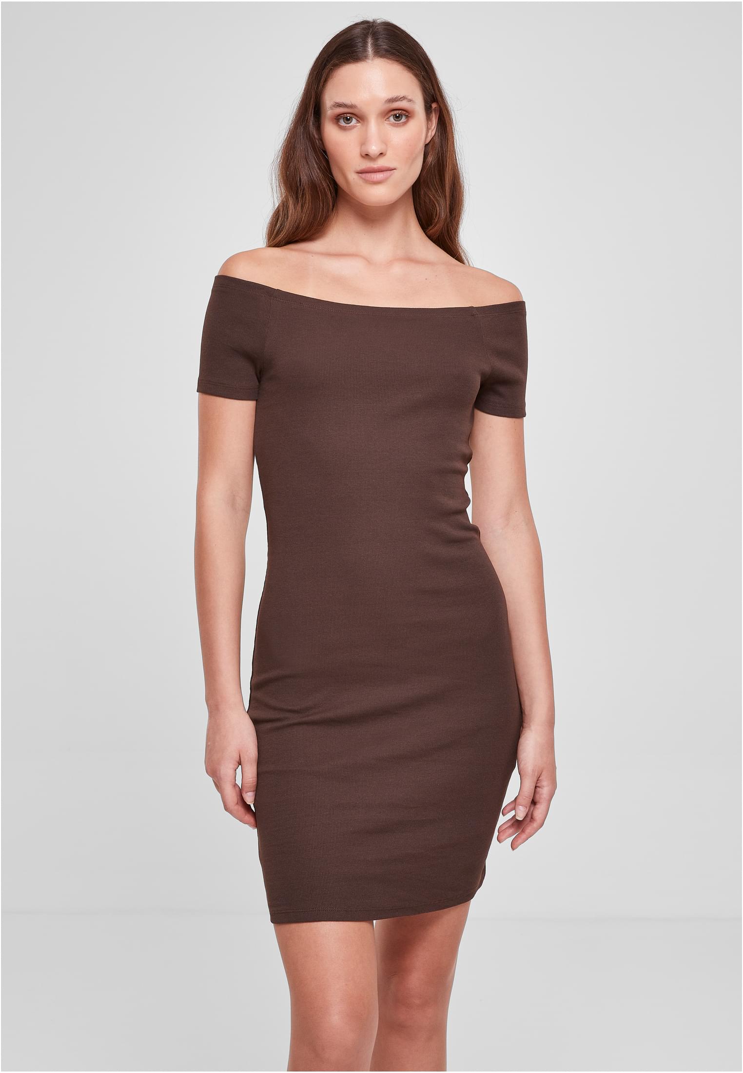 Ladies Off Shoulder Rib Dress | brown