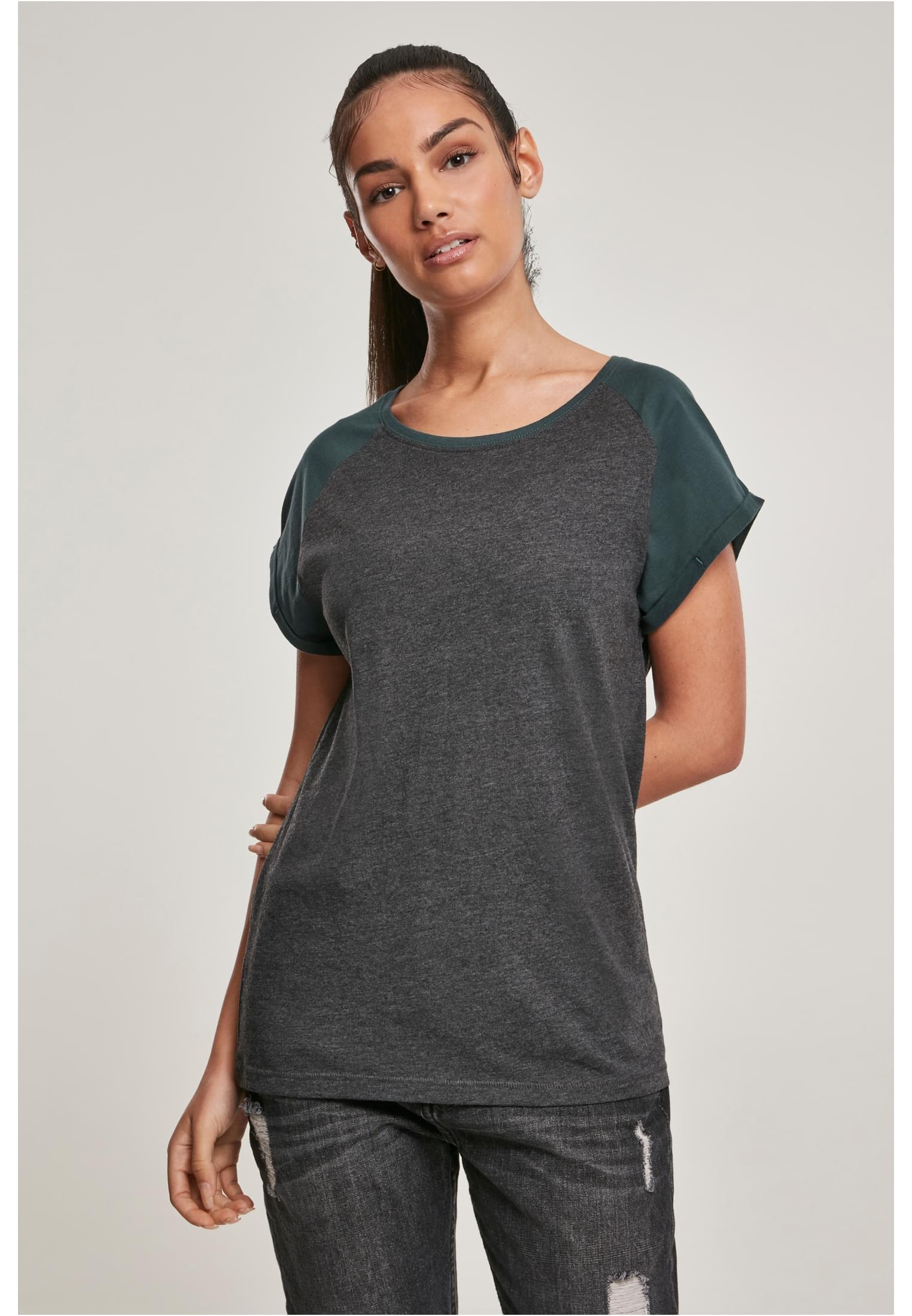 Ladies Contrast Raglan Tee | charcoal/bottlegreen