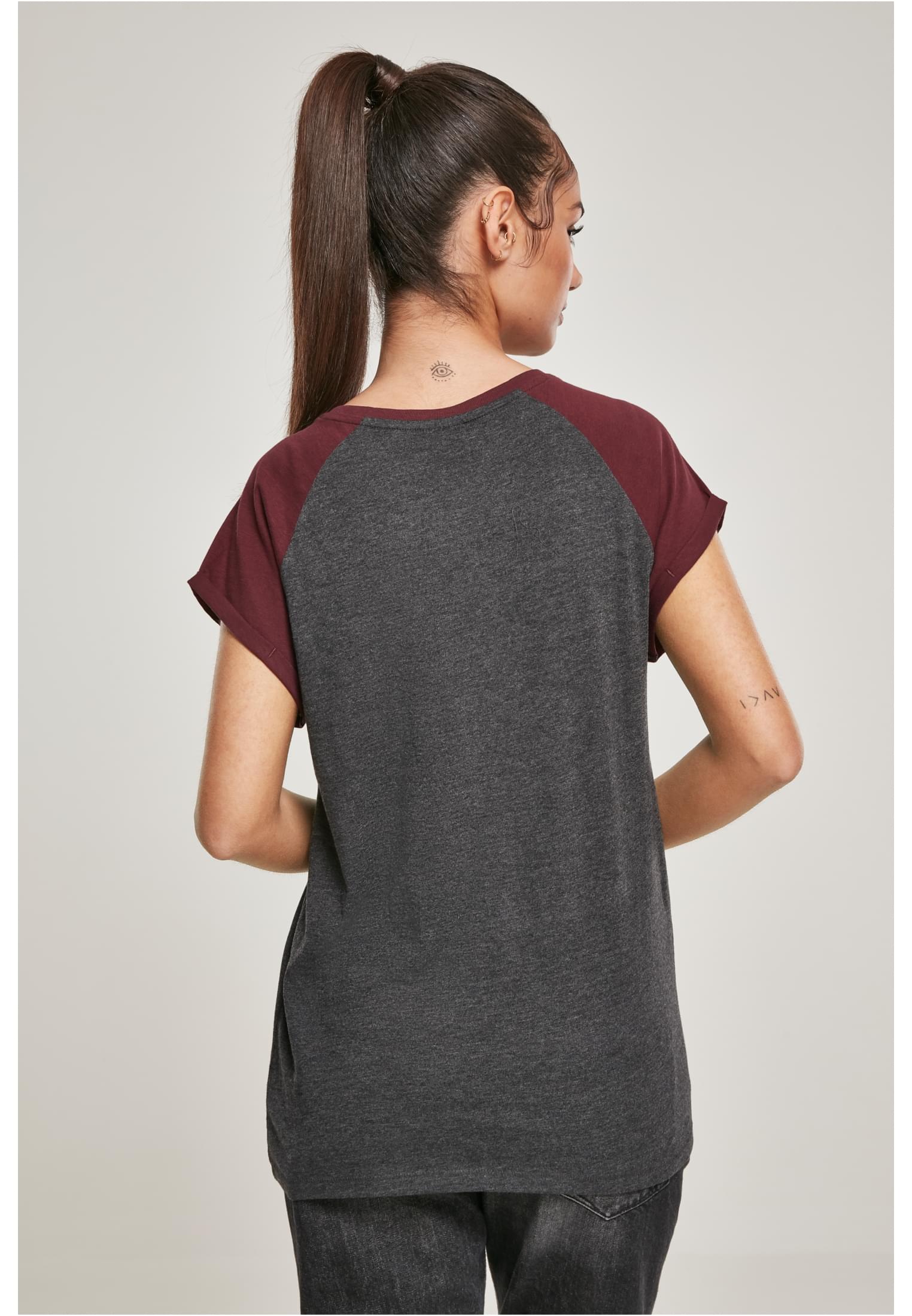 Ladies Contrast Raglan Tee | charcoal/redwine