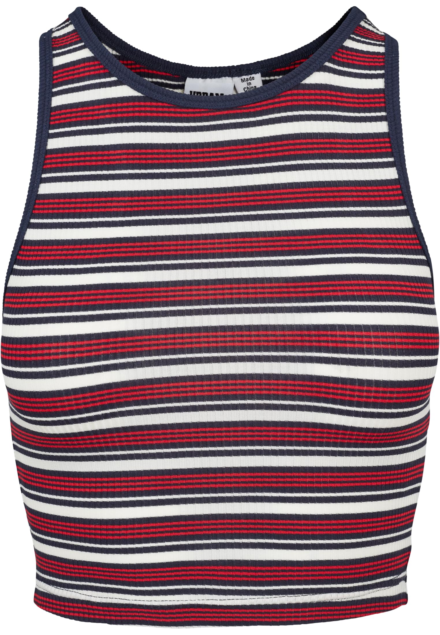 Ladies Rib Stripe Cropped Top | white/navy/fire red