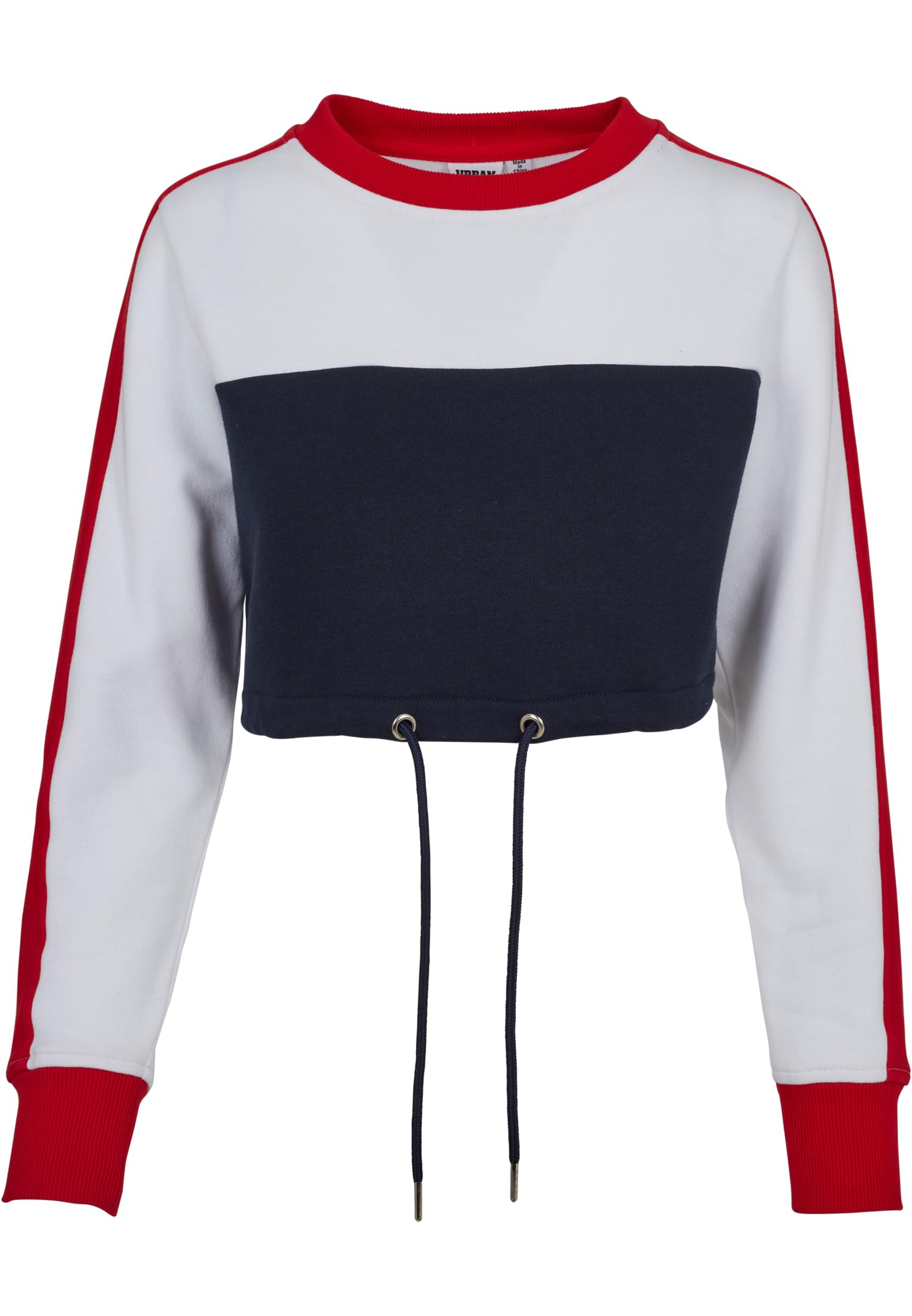 Ladies Cropped 3-Tone Stripe Crew | navy/white/fire red