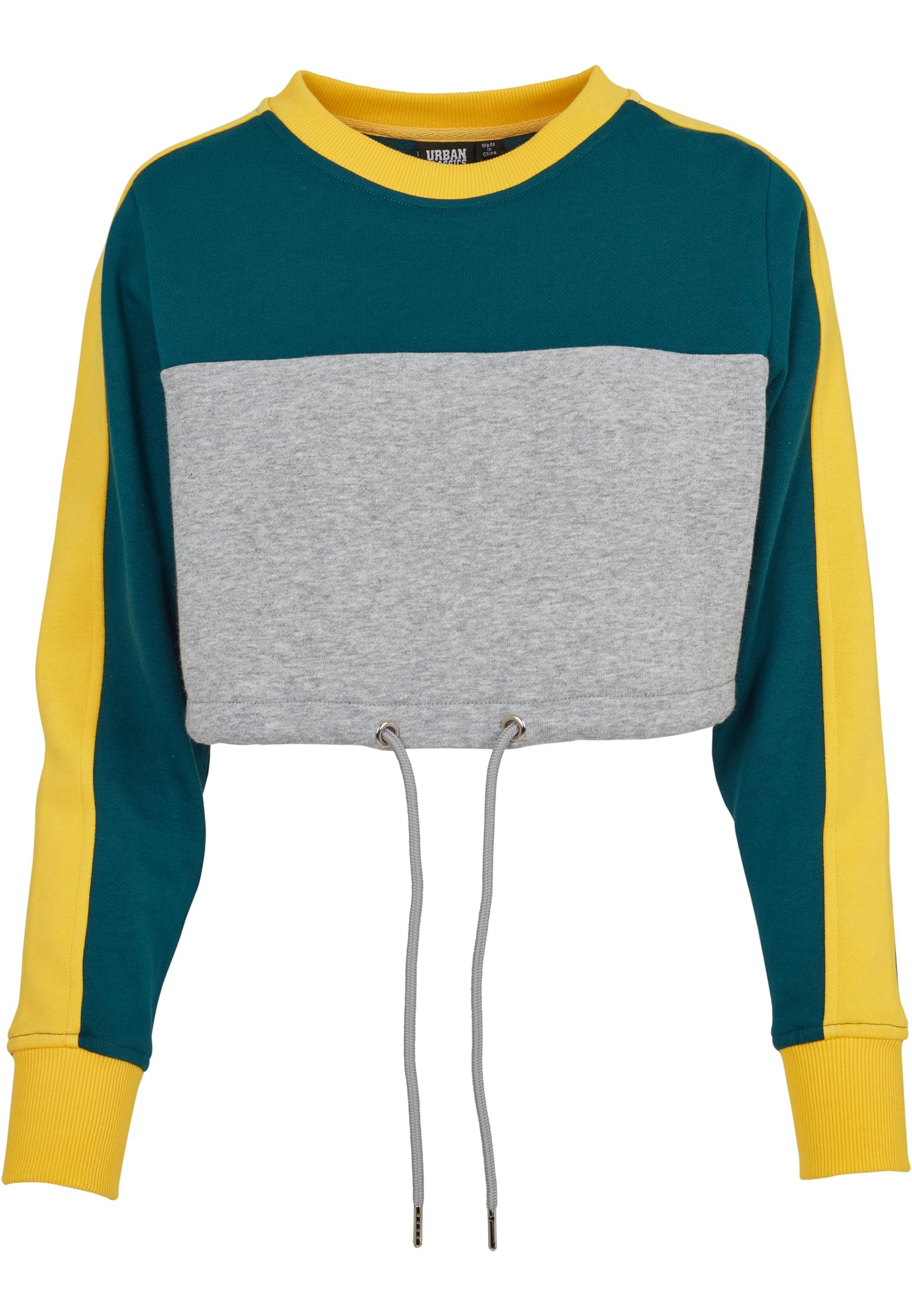 Ladies Cropped 3-Tone Stripe Crew | grey/jasper/chromeyellow