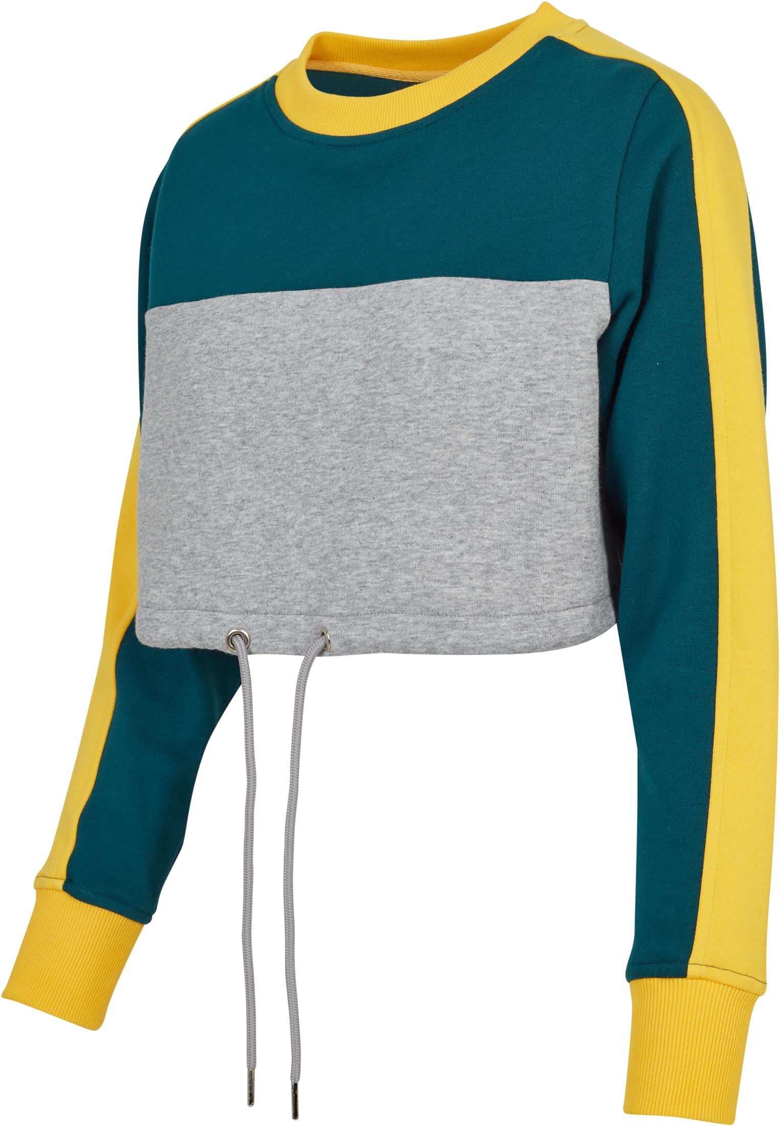 Ladies Cropped 3-Tone Stripe Crew | grey/jasper/chromeyellow