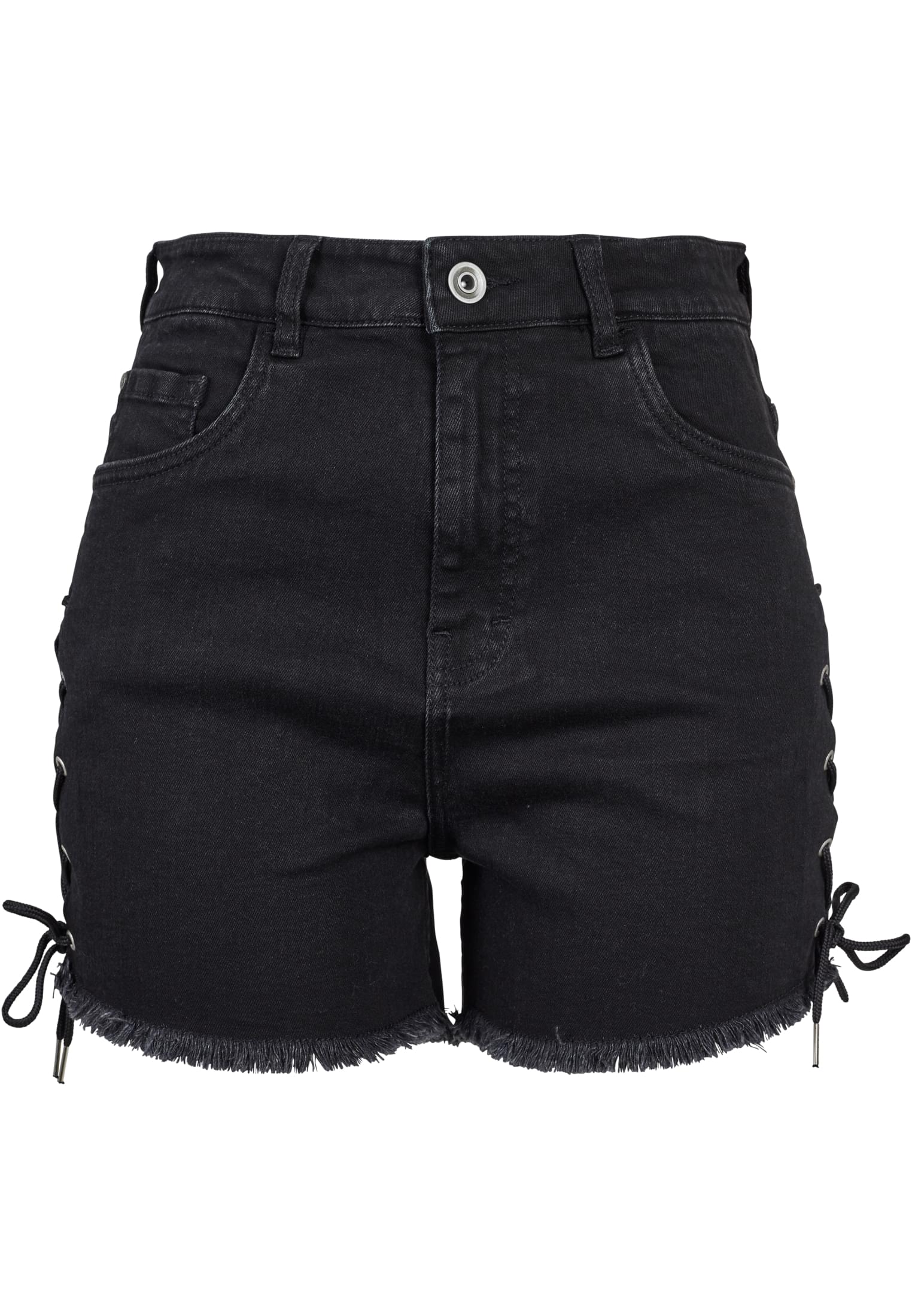 Ladies Highwaist Denim Lace Up Shorts | black washed