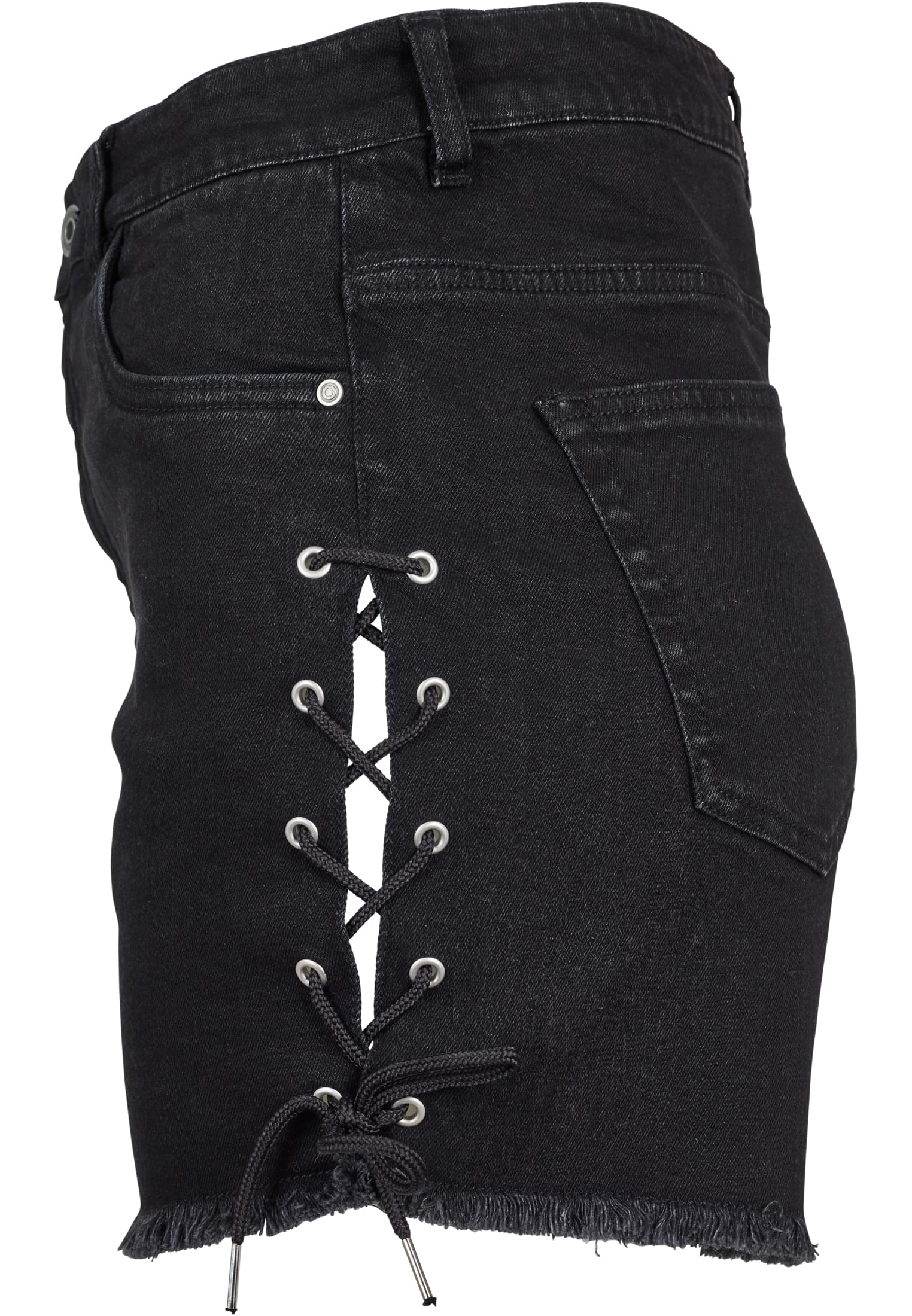 Ladies Highwaist Denim Lace Up Shorts | black washed