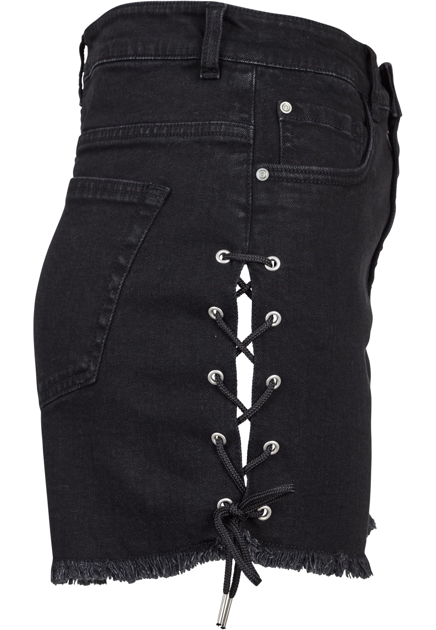 Ladies Highwaist Denim Lace Up Shorts | black washed