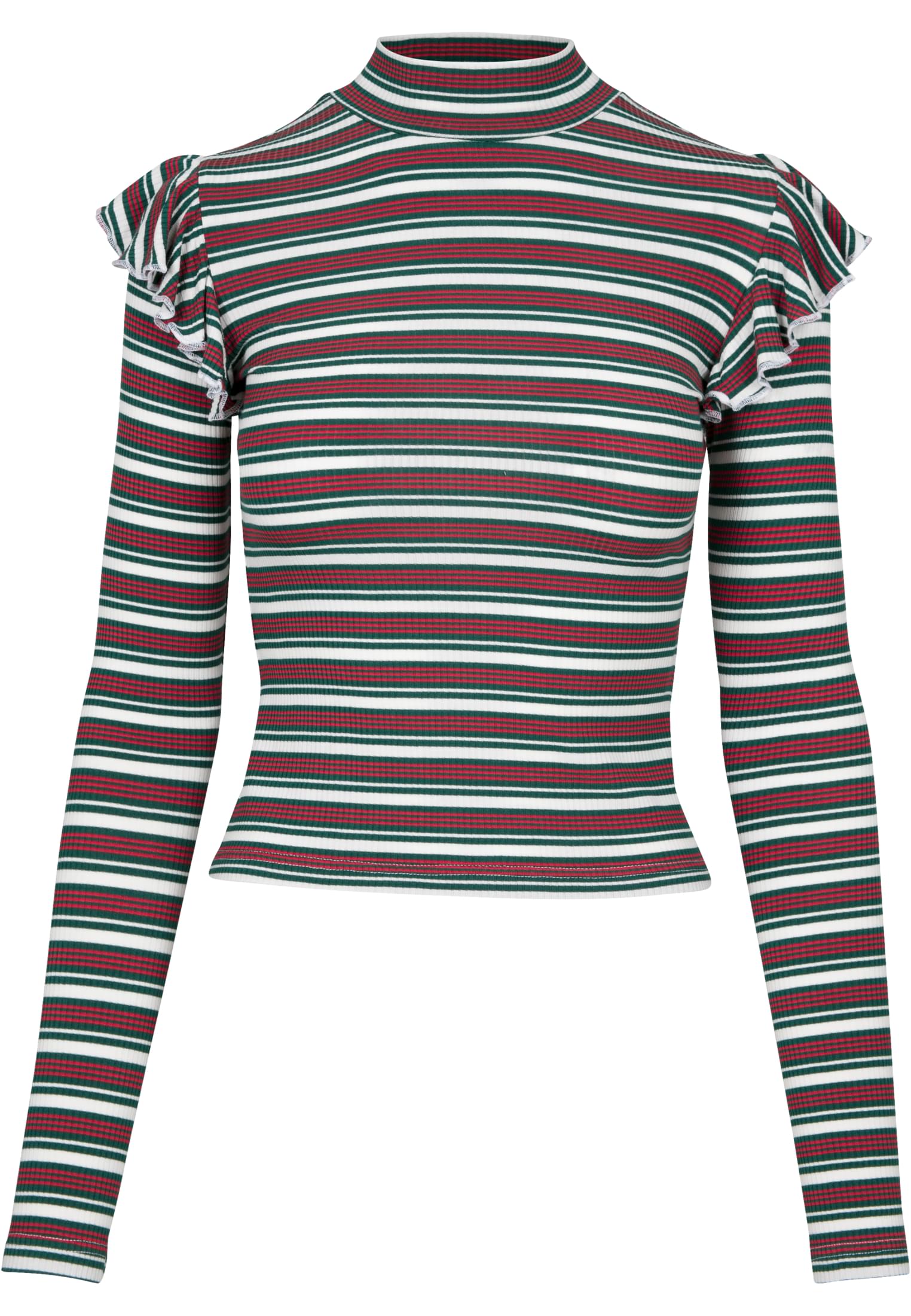 Ladies Rib Striped Volant Turtleneck L/S | white/green/firered