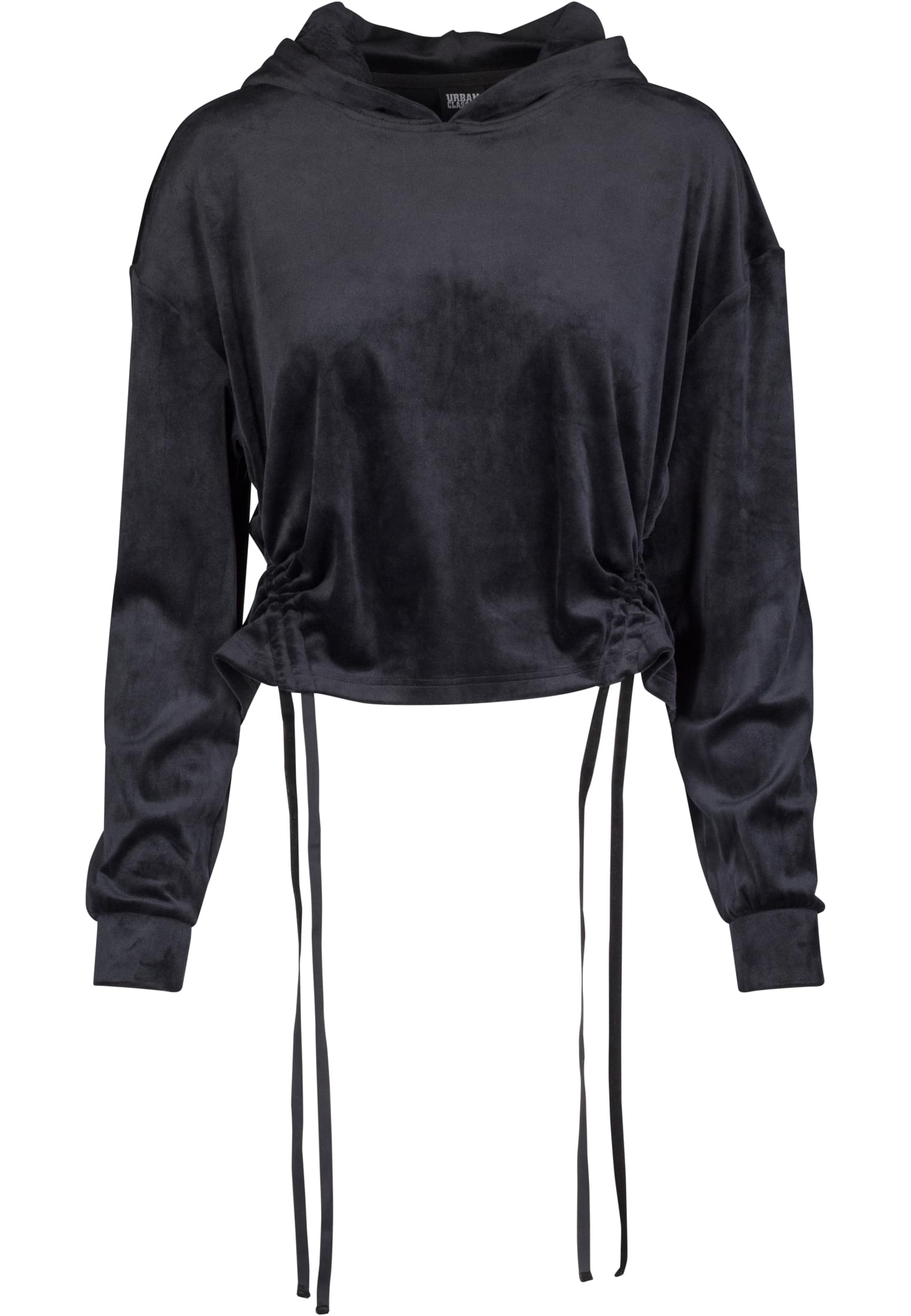 Ladies Short Velvet Gathered Hoody | black