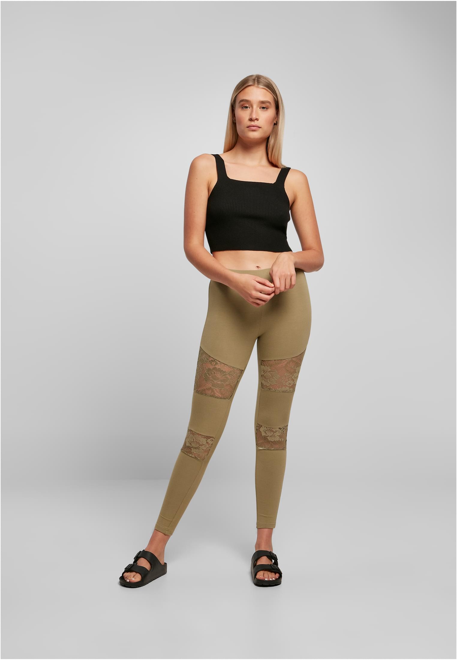 Ladies Laces Inset Leggings | khaki