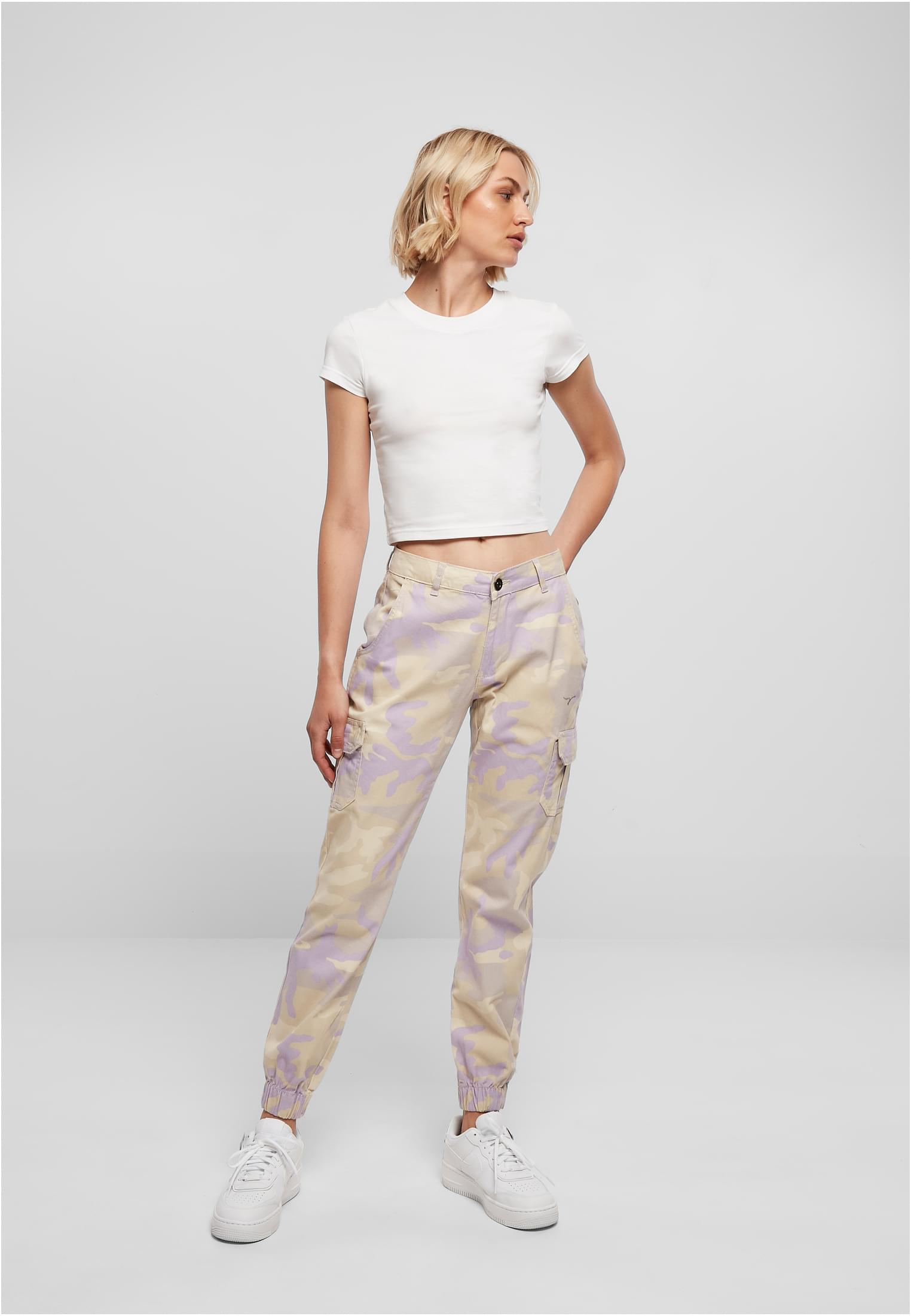 Ladies High Waist Camo Cargo Pants | lilaccamo