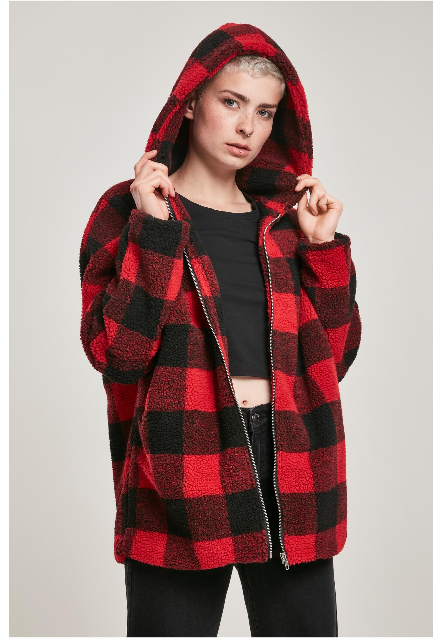 Ladies Hooded Oversized Check Sherpa Jacket | firered/blk