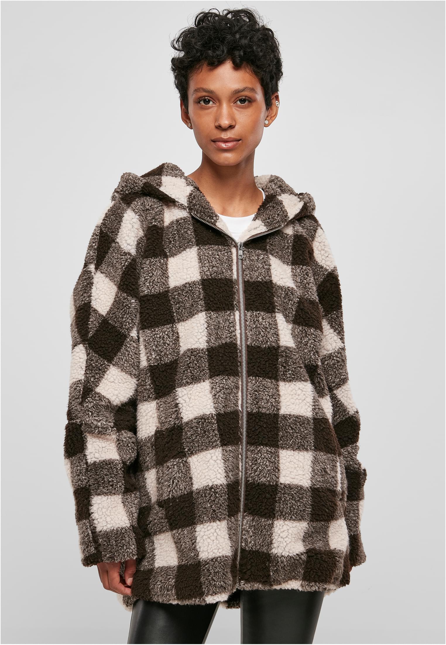 Ladies Hooded Oversized Check Sherpa Jacket | pink/brown