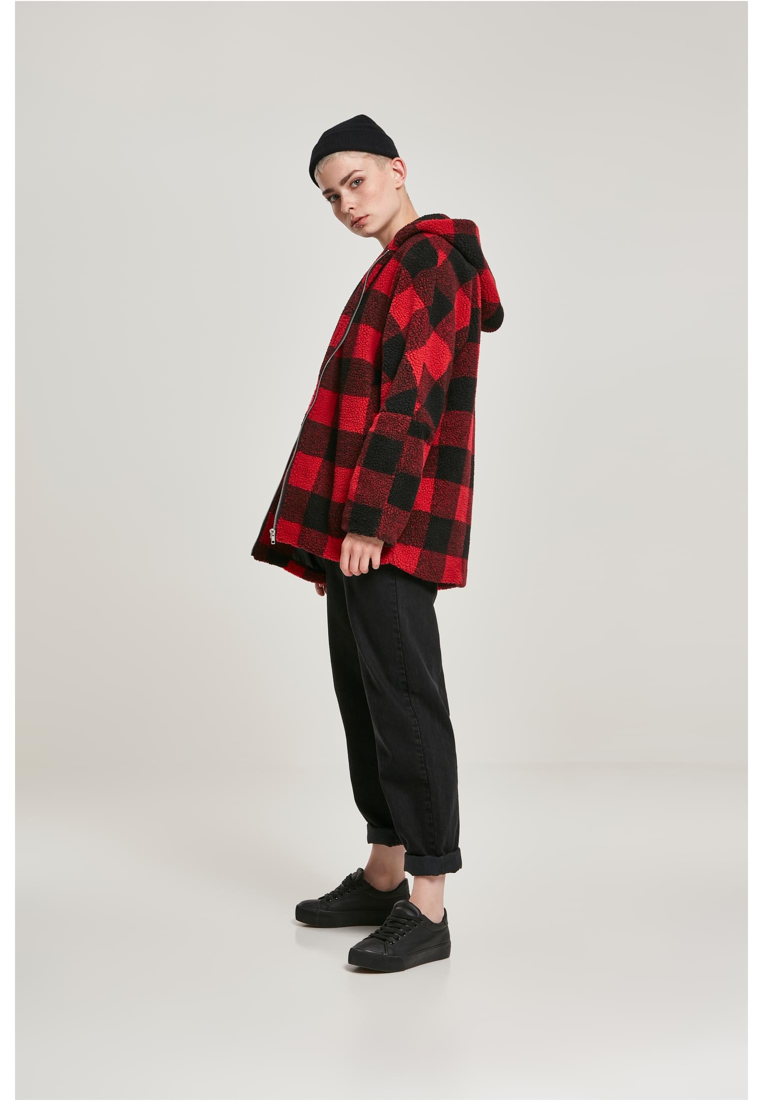 Ladies Hooded Oversized Check Sherpa Jacket | firered/blk