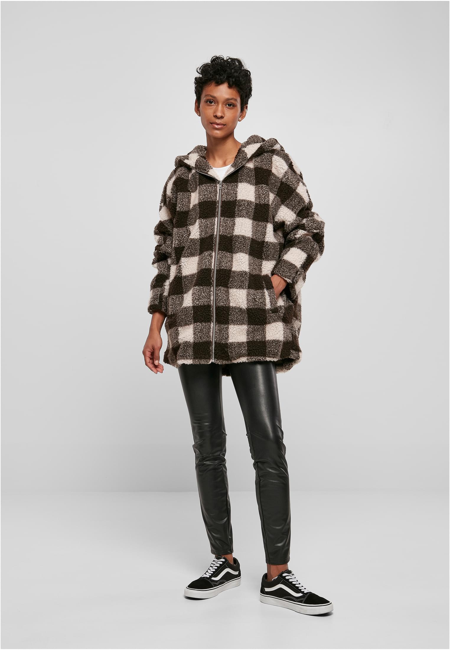 Ladies Hooded Oversized Check Sherpa Jacket | pink/brown