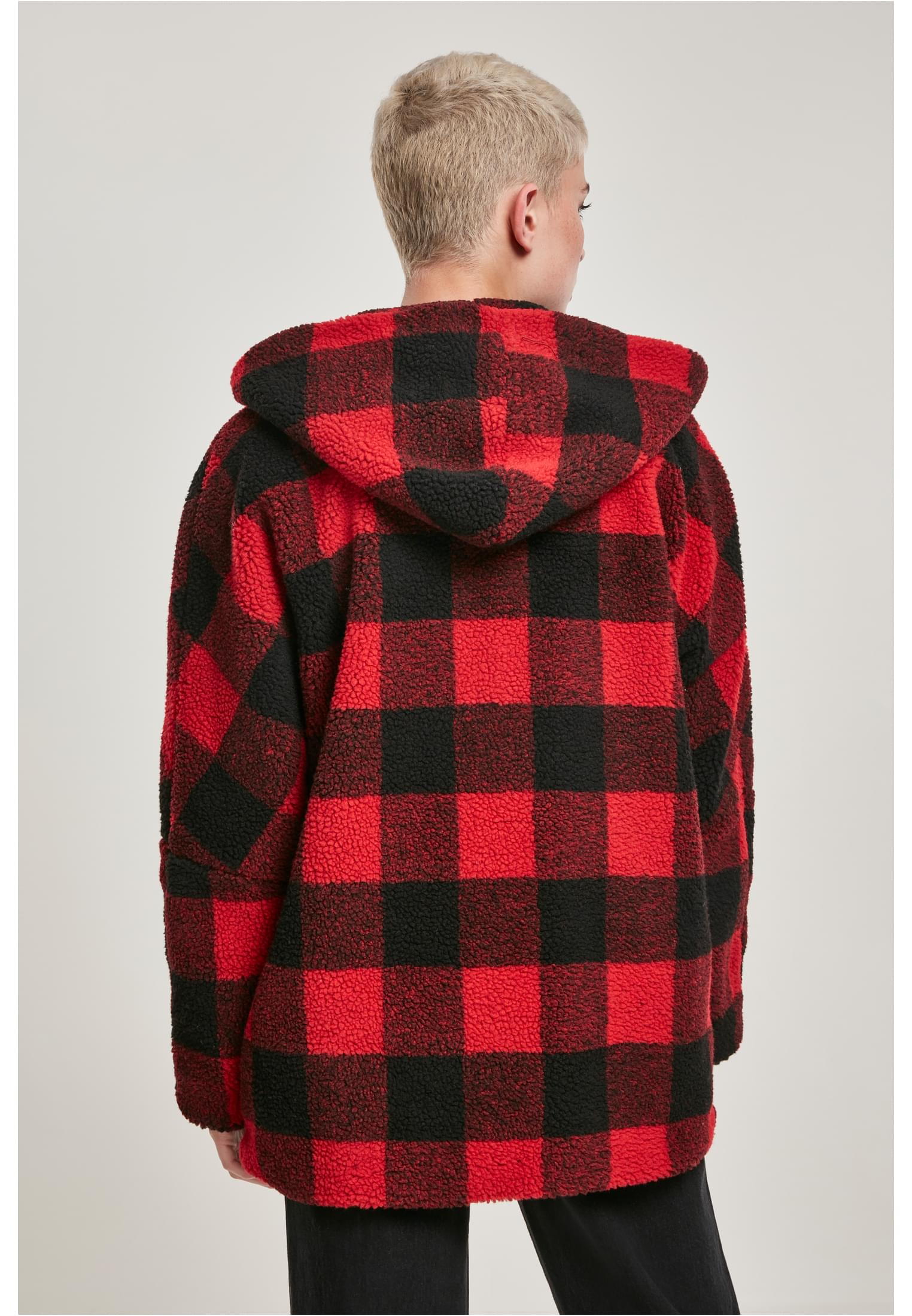 Ladies Hooded Oversized Check Sherpa Jacket | firered/blk