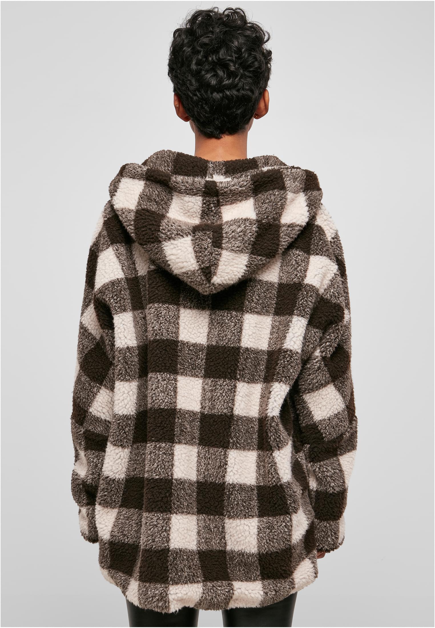 Ladies Hooded Oversized Check Sherpa Jacket | pink/brown