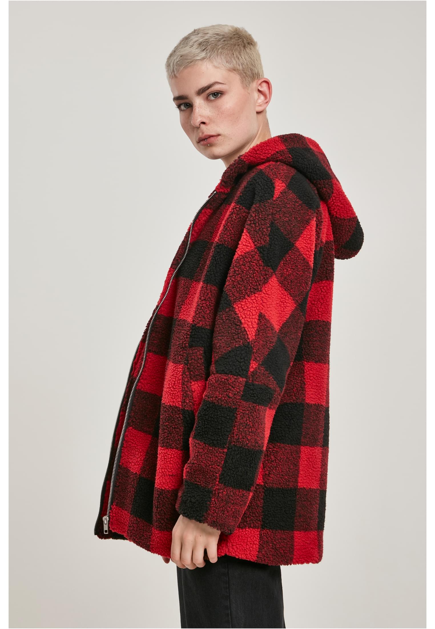 Ladies Hooded Oversized Check Sherpa Jacket | firered/blk