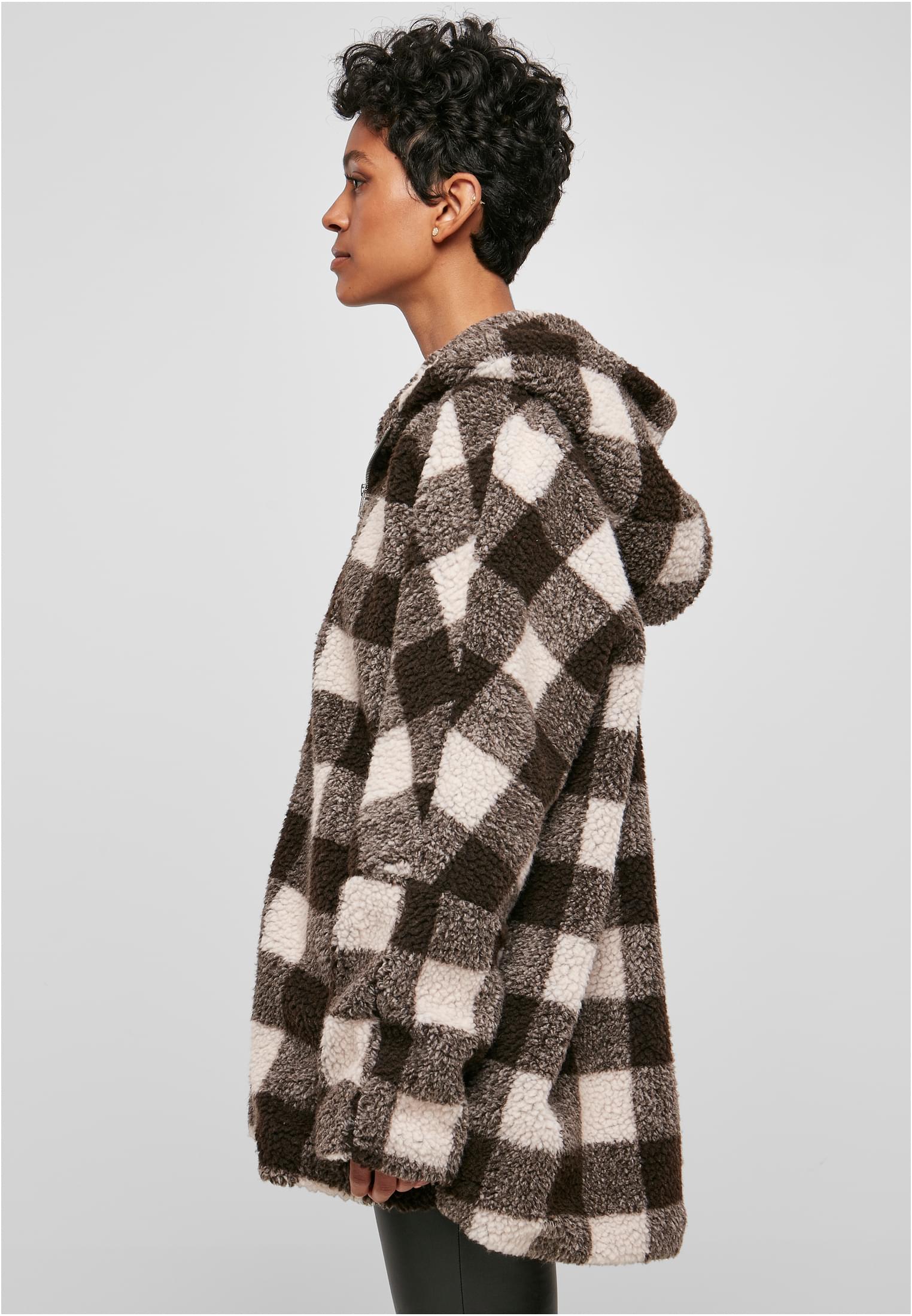 Ladies Hooded Oversized Check Sherpa Jacket | pink/brown