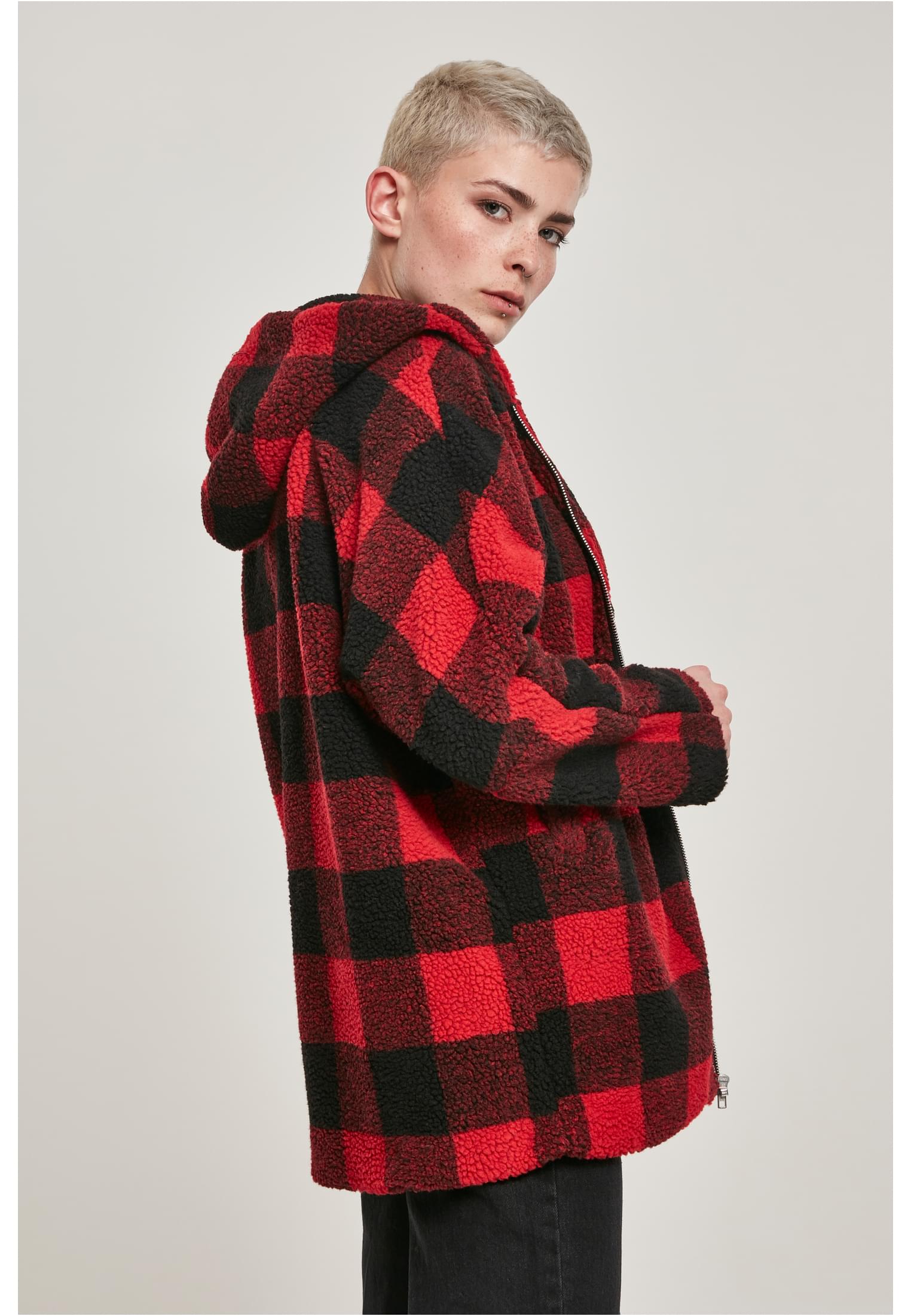 Ladies Hooded Oversized Check Sherpa Jacket | firered/blk