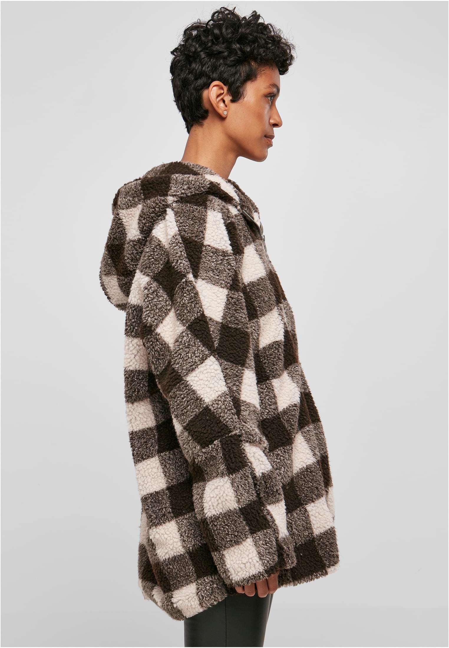 Ladies Hooded Oversized Check Sherpa Jacket | pink/brown