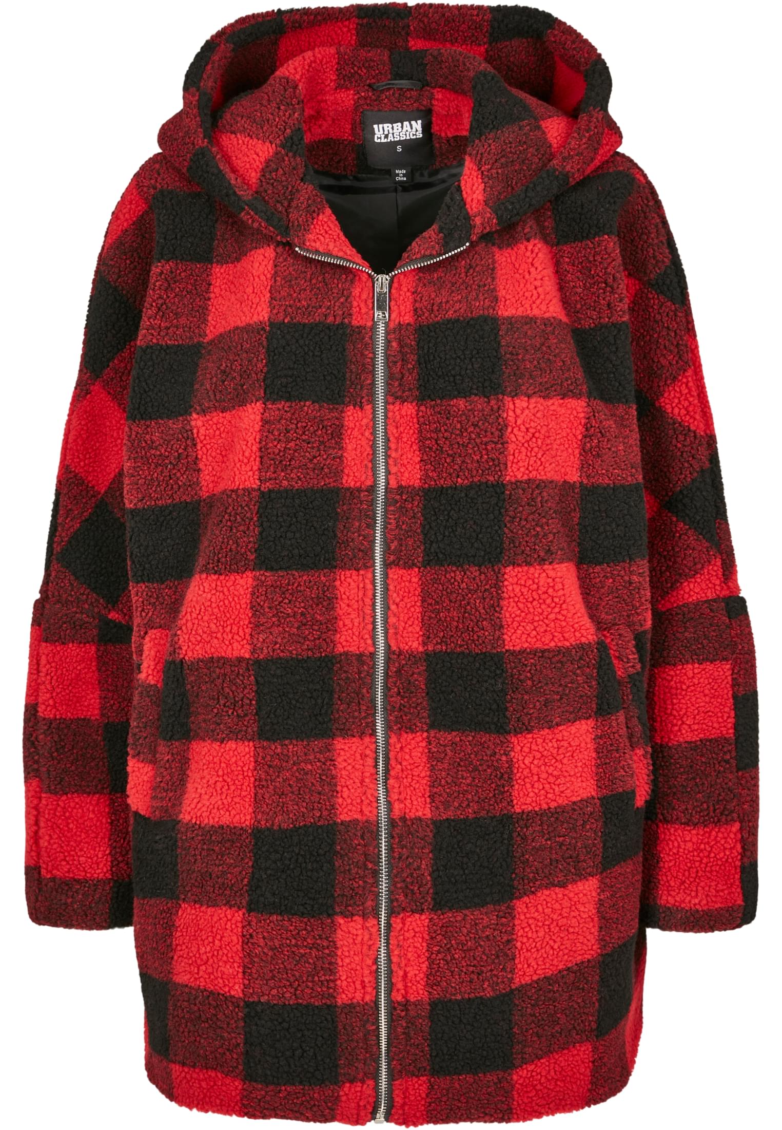 Ladies Hooded Oversized Check Sherpa Jacket | firered/blk