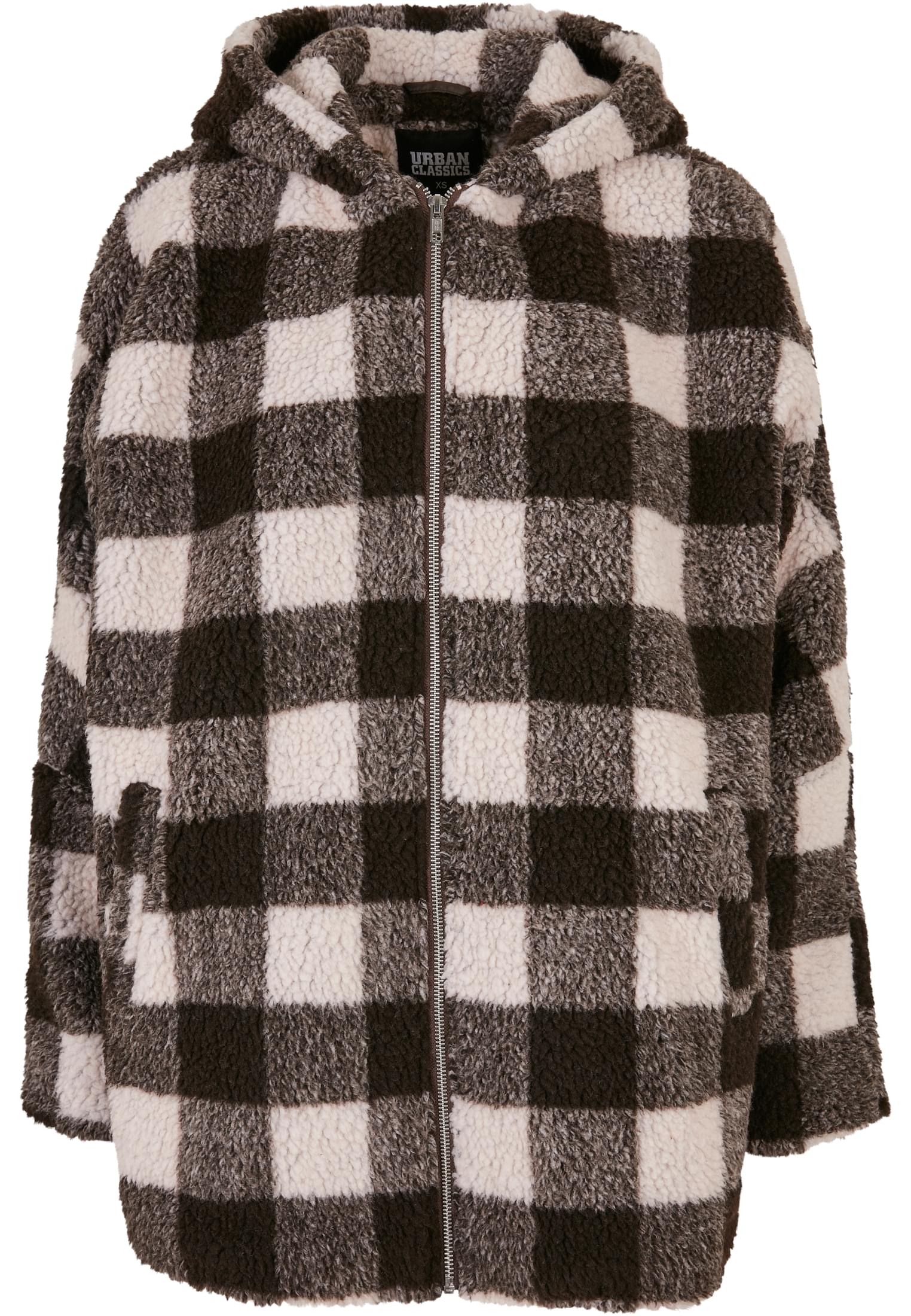 Ladies Hooded Oversized Check Sherpa Jacket | pink/brown