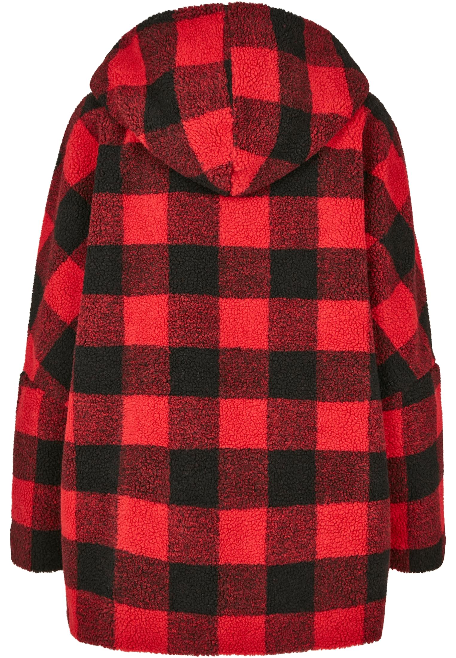 Ladies Hooded Oversized Check Sherpa Jacket | firered/blk