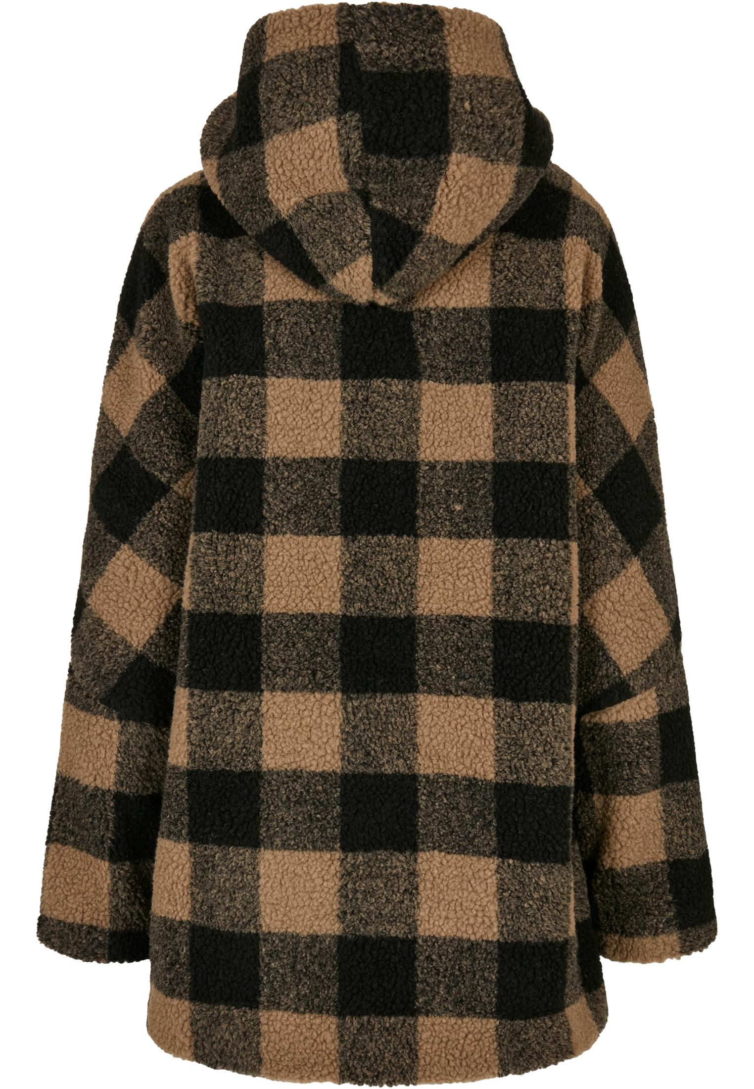 Ladies Hooded Oversized Check Sherpa Jacket | softtaupe/black