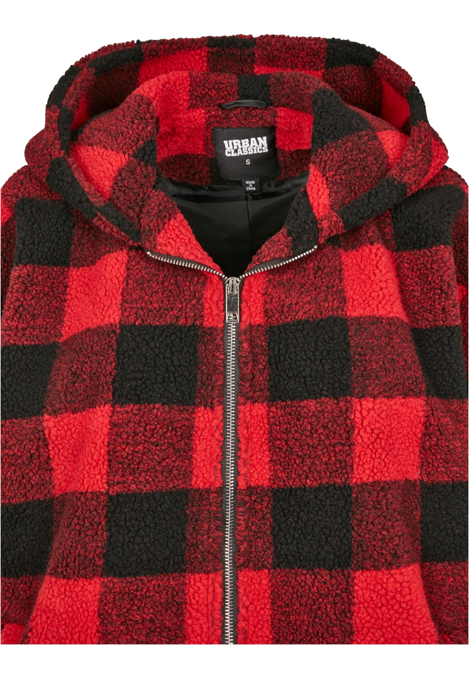 Ladies Hooded Oversized Check Sherpa Jacket | firered/blk