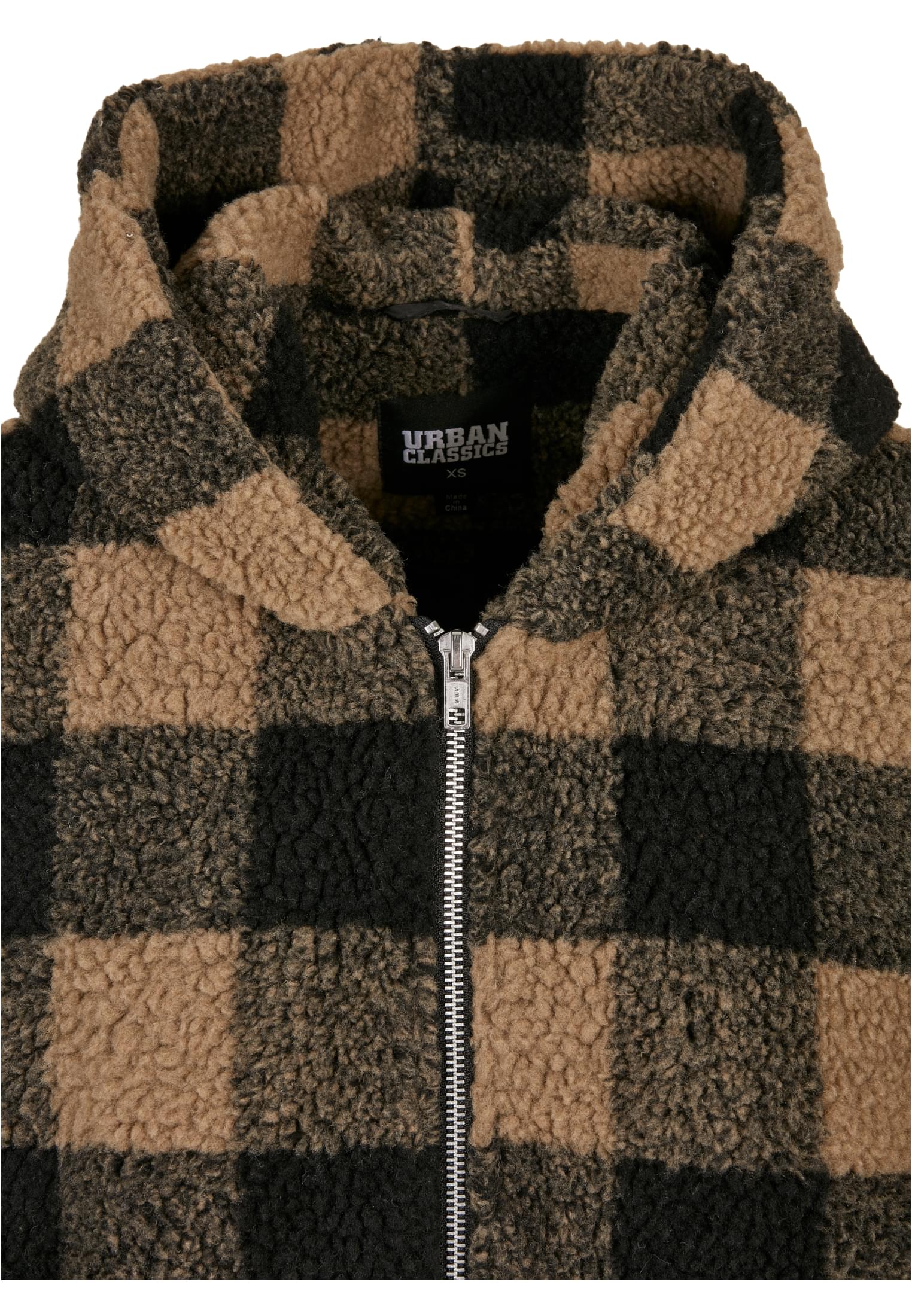 Ladies Hooded Oversized Check Sherpa Jacket | softtaupe/black